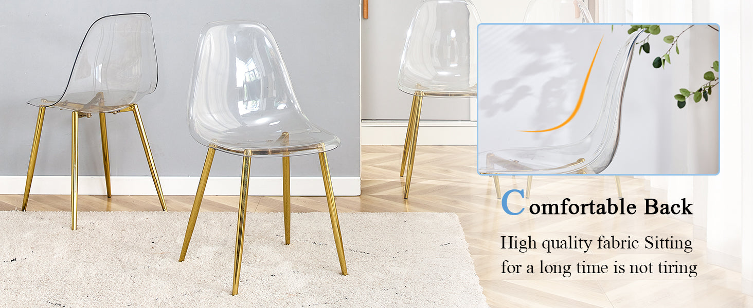 A Modern Minimalist Style Round Transparent Tempered Glass Table With Gold Metal Legs, Paired With 6 Modern Style Transparent Dining Chairs For A Luxurious Experience. Transparent Seats 6 Glass