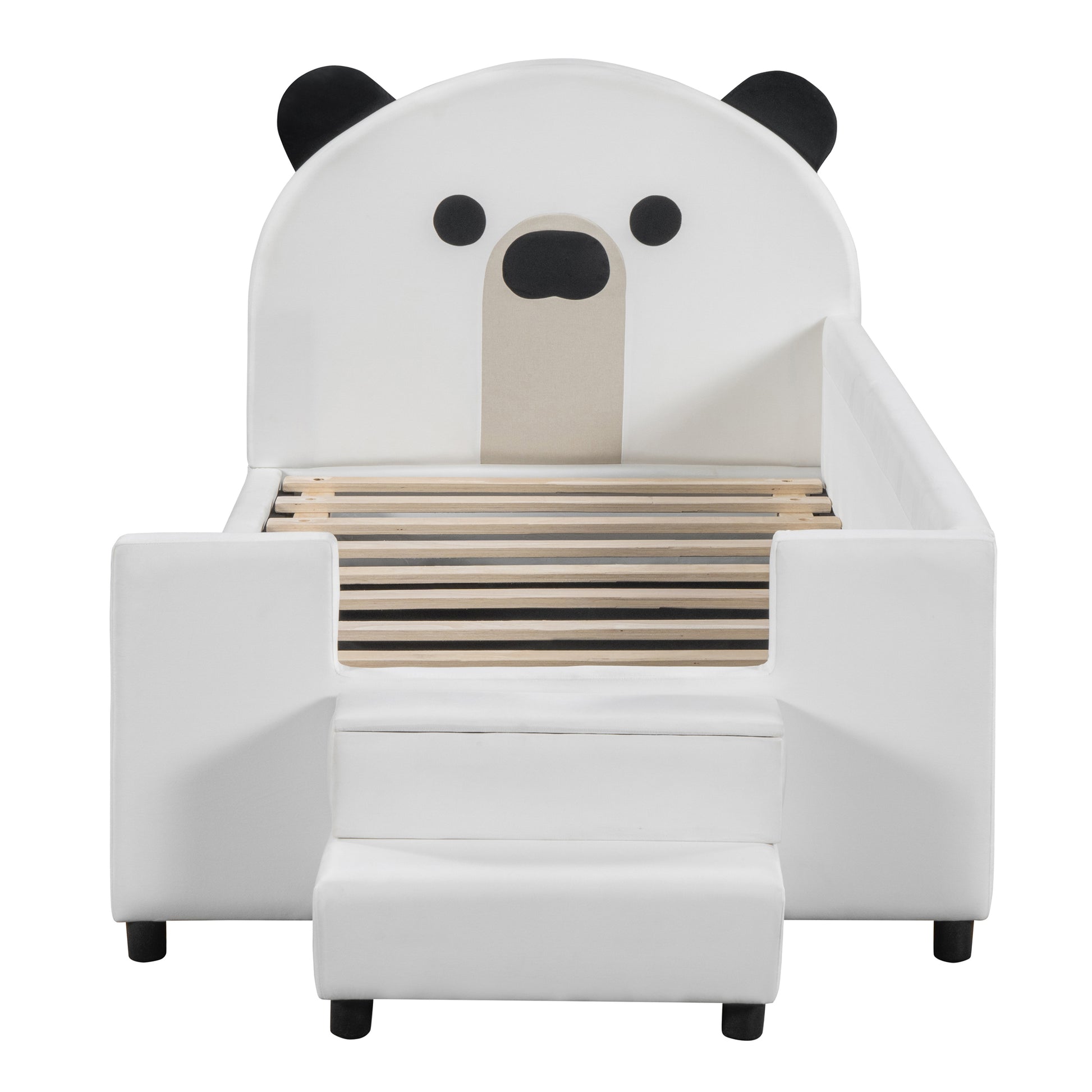 Twin Size Upholstered Daybed With Bear Shaped Headboard, Hydraulic System Andmesh Fence, White White Velvet
