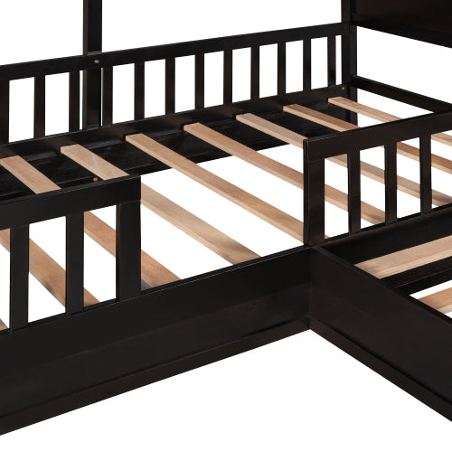 Wood House Bed Twin Size, 2 Twin Solid Bed L Structure With Fence And Slatted Frame, Espresso Twin Espresso Plywood