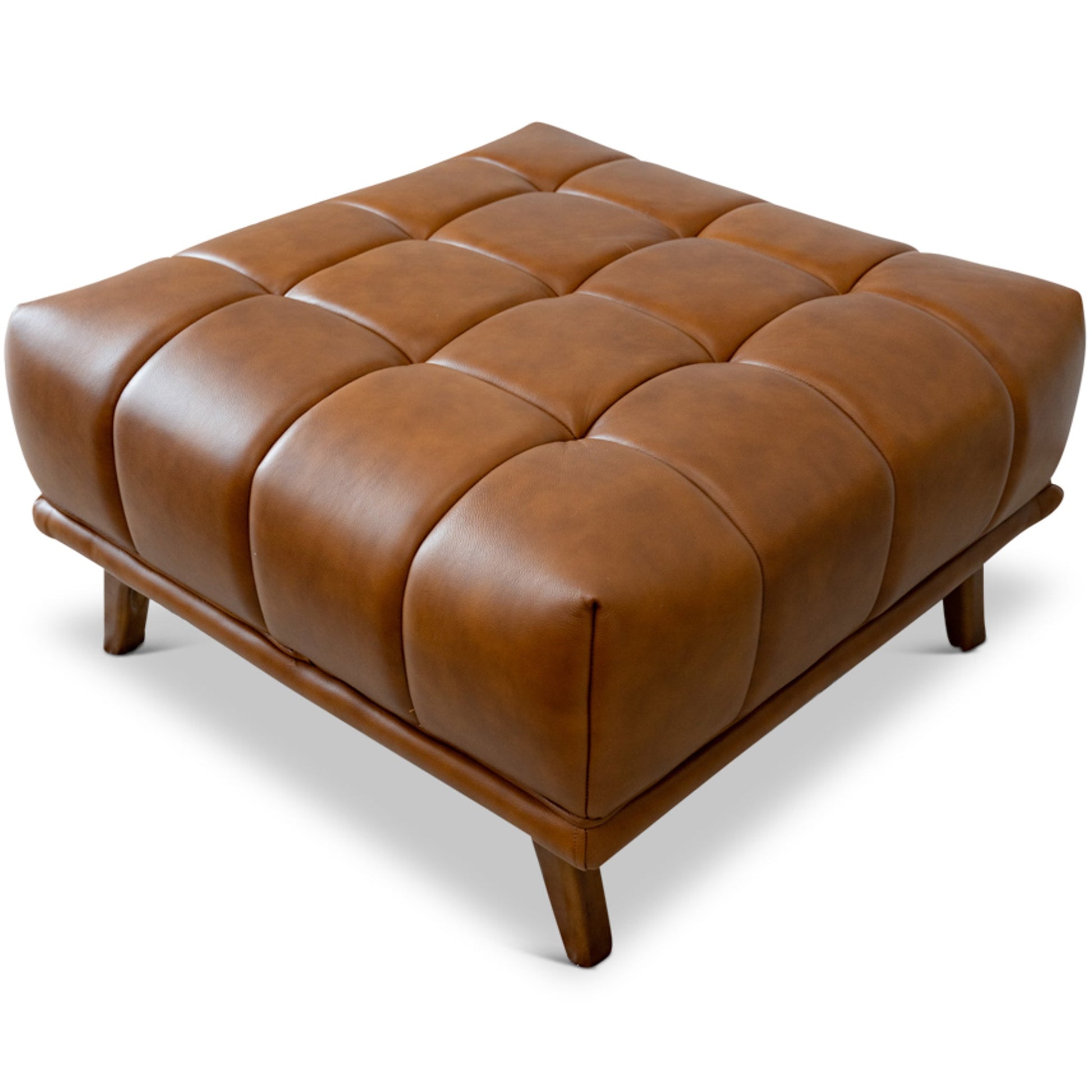 Addison Square Upholstered Ottoman Antique Brown,Brown,Cognac,Rustic Genuine Leather Wood Backless Solid Brown Square Armless Tufted Leather,Solid Wood