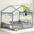 Double Twin House Style Floor Bed With Fence, Guardrails, Without Door, Grey Twin Grey American Design Pine