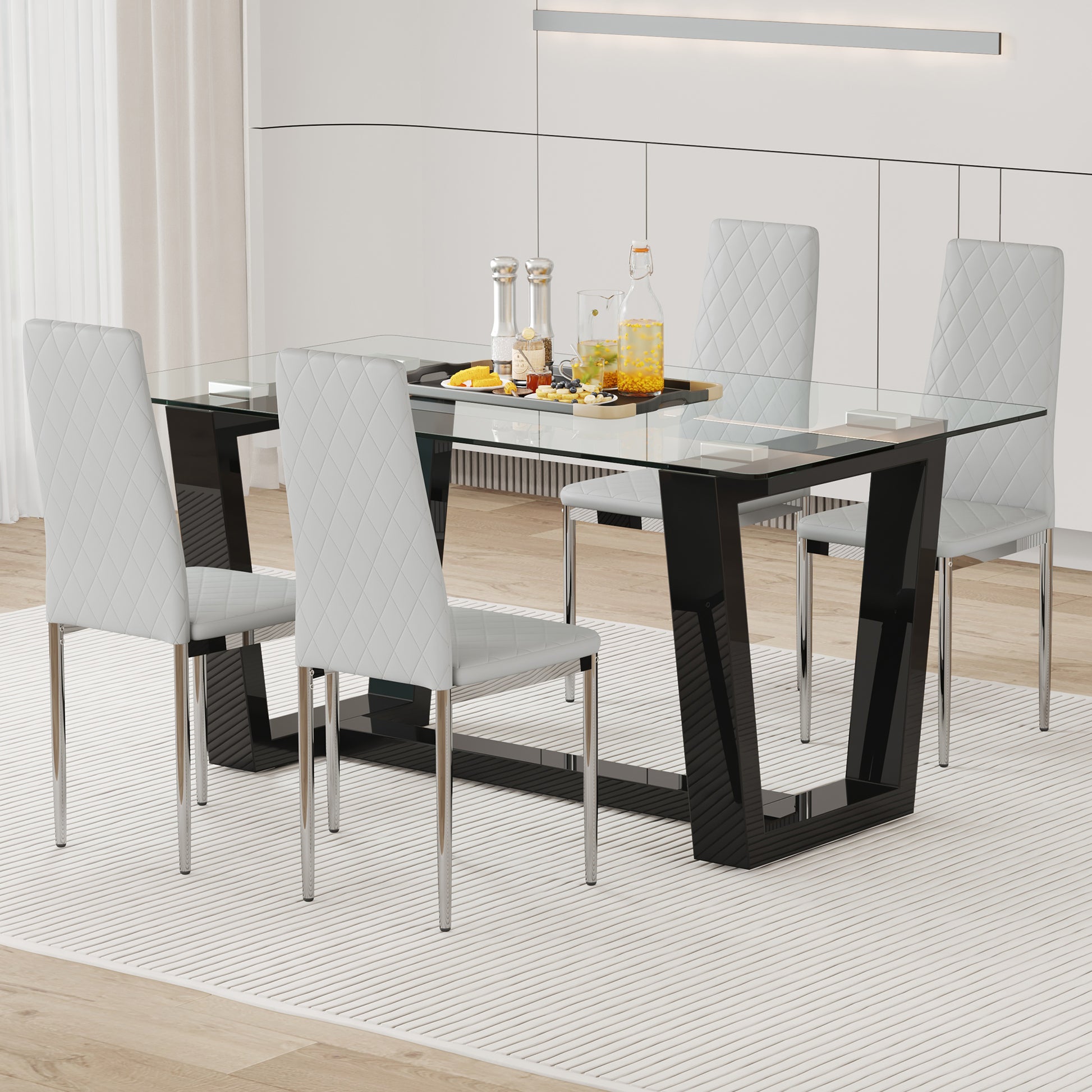 Table And Chair Set.A Rectangular Dining Table Features With Tempered Glass Top And Sleek Black Mdf Stand.Paried With 4 Pu Chairs With Checkered Armless High Back And Electroplated Metal Legs. Light Gray,Transparent Seats 4 Mdf Glass