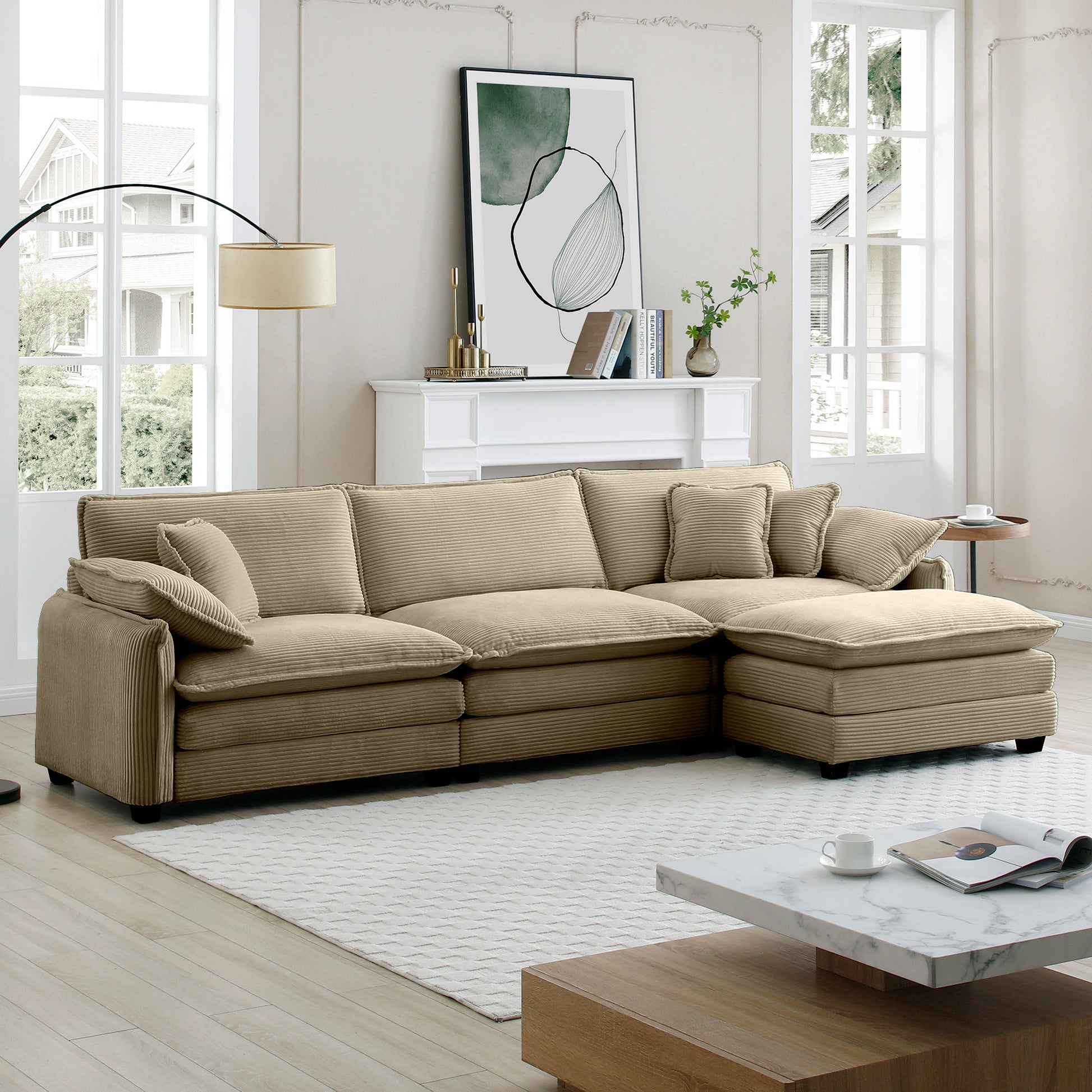Oversize 3 Seater Sofa With One Footrest, L Shaped Sectional Sofa With Ottoman For Living Rooms,Tan Corduroy Sofa Tan Corduroy 3 Seat