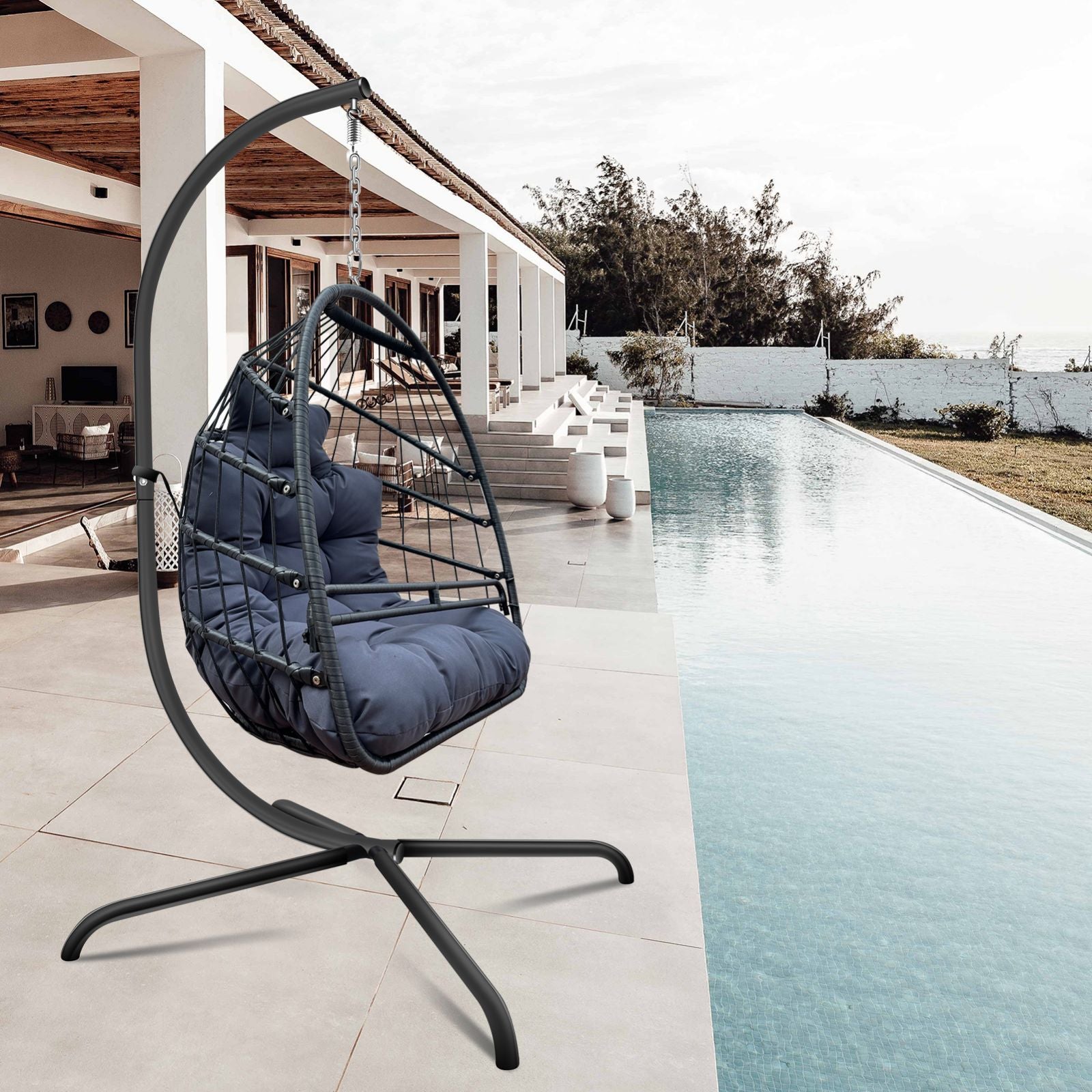 Swing Egg Chair With Stand Indoor Outdoor Wicker Rattan Patio Basket Hanging Chair With C Type Bracketwith Cushion And Pillow,Patio Wicker Folding Hanging Chair Special Construction Cup Holder Black