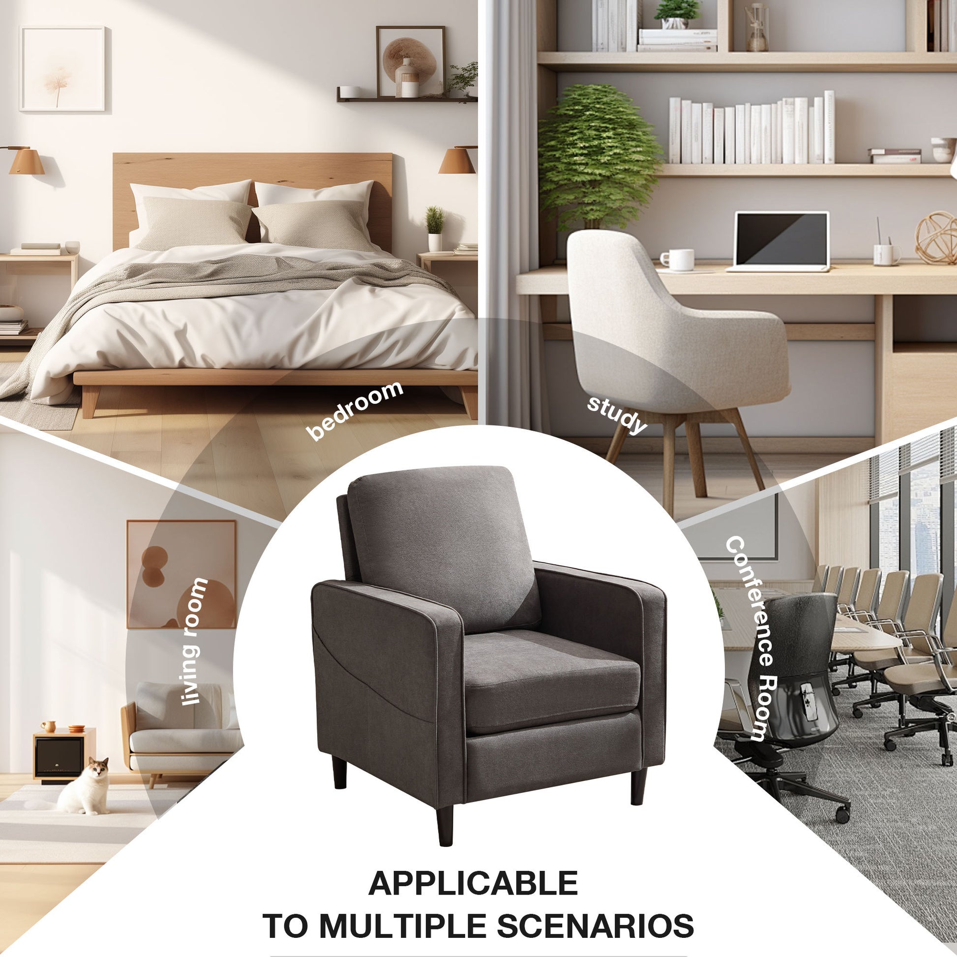 Mid Century Accent Chair ,Modern Linen Fabric Armchair For Living Room,Double Side Pockets, Comfortable And Padded Reading Feature Sofa Chair, Suitable For Bedrooms, Living Rooms, And Offices Dark Grey Linen
