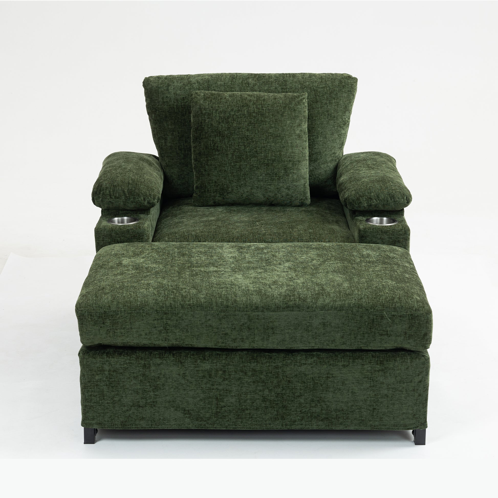 Modern Oversized Chair With Ottoman,Chenille Fabric Sofa Bed,Accent Chair Comfy Sofa With Cupholders And Usb Charging Ports Chair For Living Room,Bedroom,Apartment Green Chenille