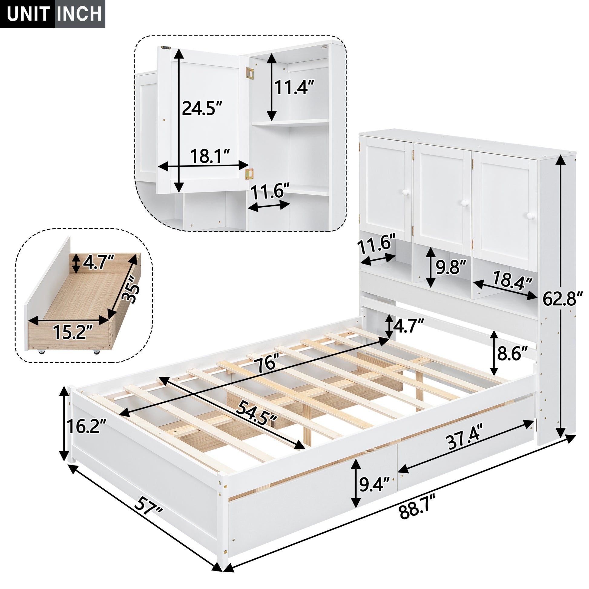 Full Size Platform Bed With Storage Headboard And 4 Drawers, White Box Spring Not Required Full White Wood Bedroom Bed Frame Solid Wood Mdf