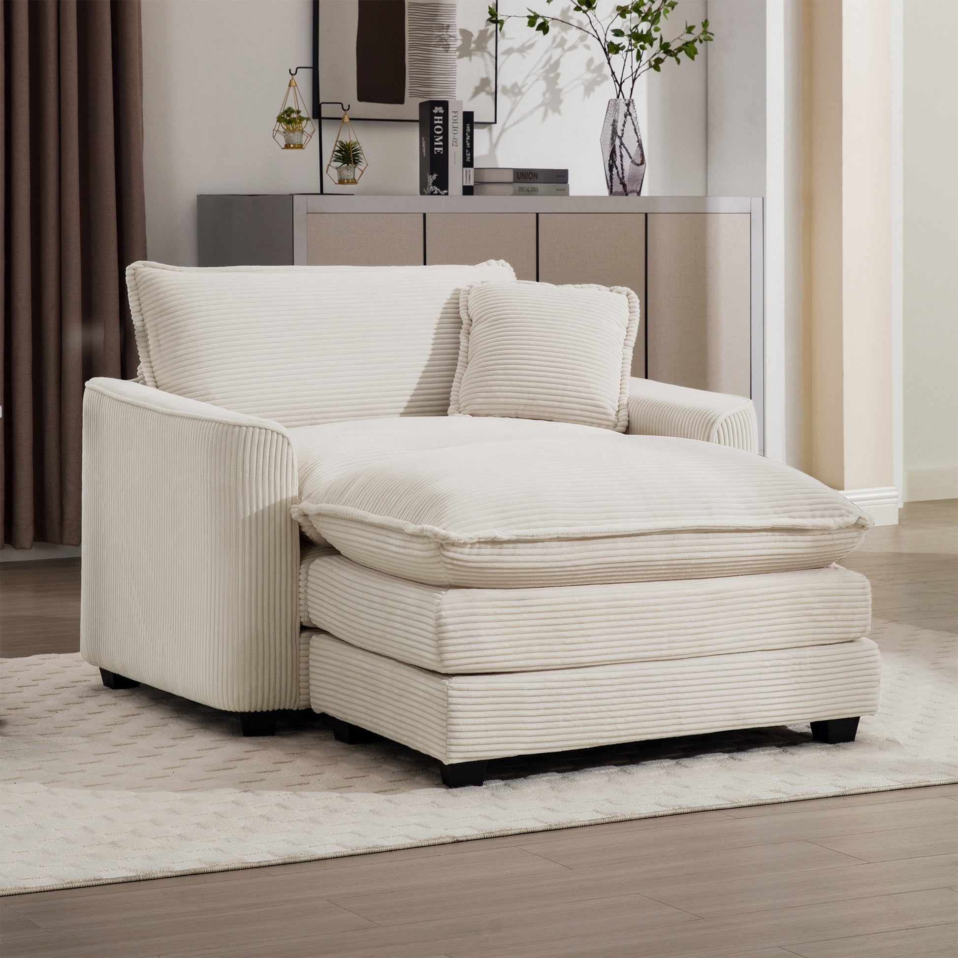 Comfortable Single Chair Deep Seat Sofa With Footstool With One Pillow, Accent Chair With Ottoman Suitable For Living Room And Bedroom And Reading Room, Light Beige Corduroy Fabric Beige Corduroy 1 Seat