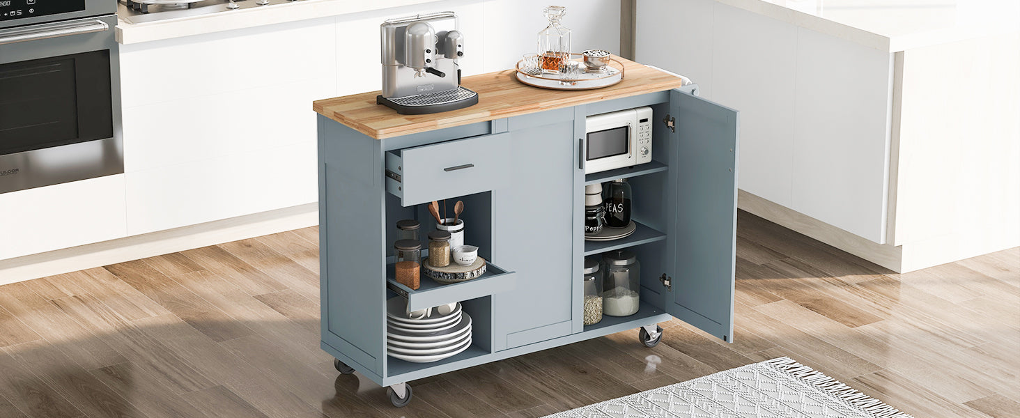 K&K Kitchen Island With Foldable Counter Top, Kitchen Storage Cart With Slide Out Shelf, Towel Rack And Drawer, Rolling Kitchen Cart On Wheels, For Kitchen, Living Room, Dining Room, Grey Blue Grey Blue Brown Kitchen Classic,Farmhouse,Luxury,Modern