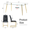Table And Chair Set.Modern Rectangular Glass Dining Table With A Tempered Glass Tabletop And Metal Legs, Paired With Multiple Chairs Designed With Pu Cushions And Golden Metal Legs. Black Gold Seats 6 Tempered Glass