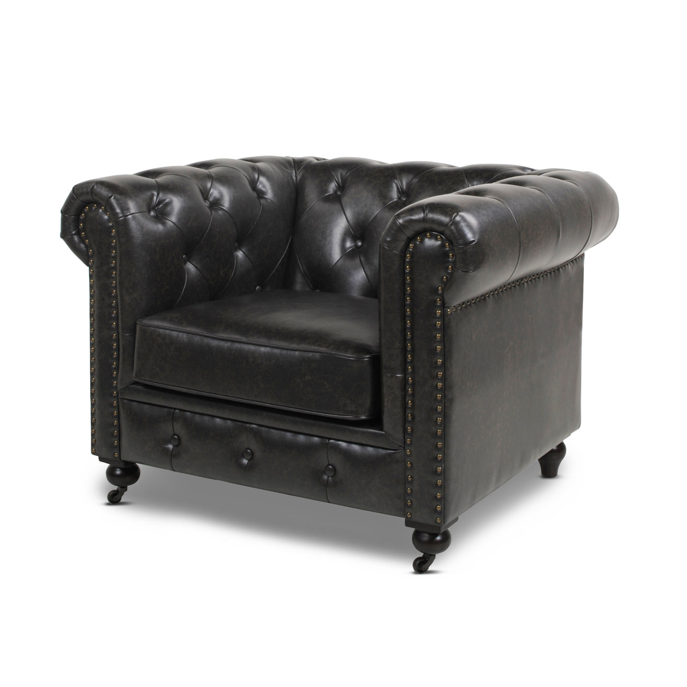 Winston 42.5" Chesterfield Accent Armchair, Vintage Black Brown Faux Leather Black Vintage Foam Faux Leather