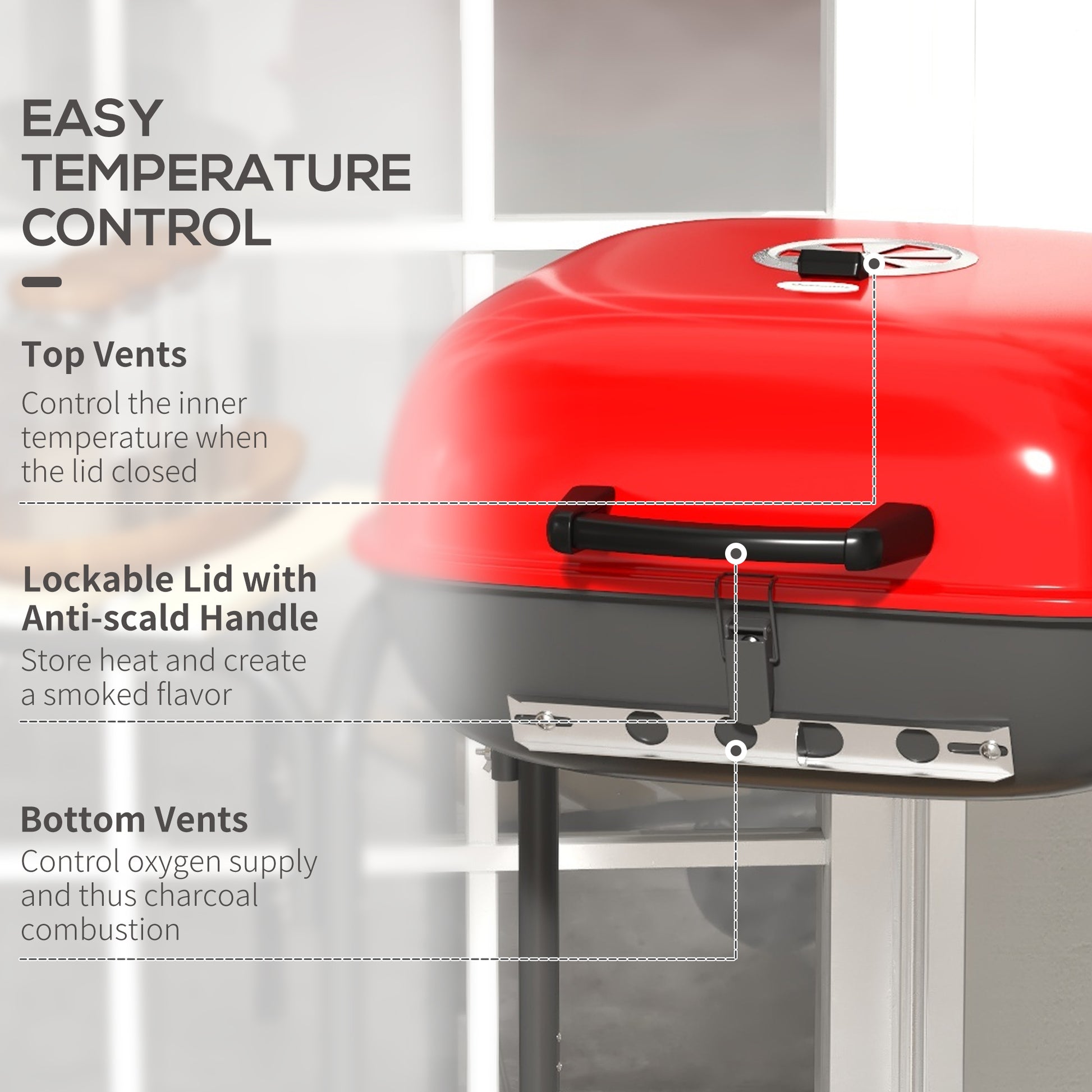 Outsunny 17" Portable Charcoal Grill With Wheels, 2 Side Tables And Bottom Shelf, Bbq With Adjustable Vents On Lid For Picnic, Camping, Backyard, Cooking, Red Red Steel