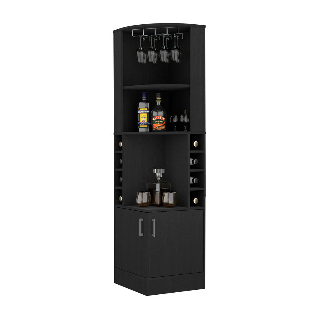 Corner Bar Cabinet, Double Door Cabinet, Glass Rack, Eight Built In Wine Rack, Black Black Solid Wood Mdf Engineered Wood