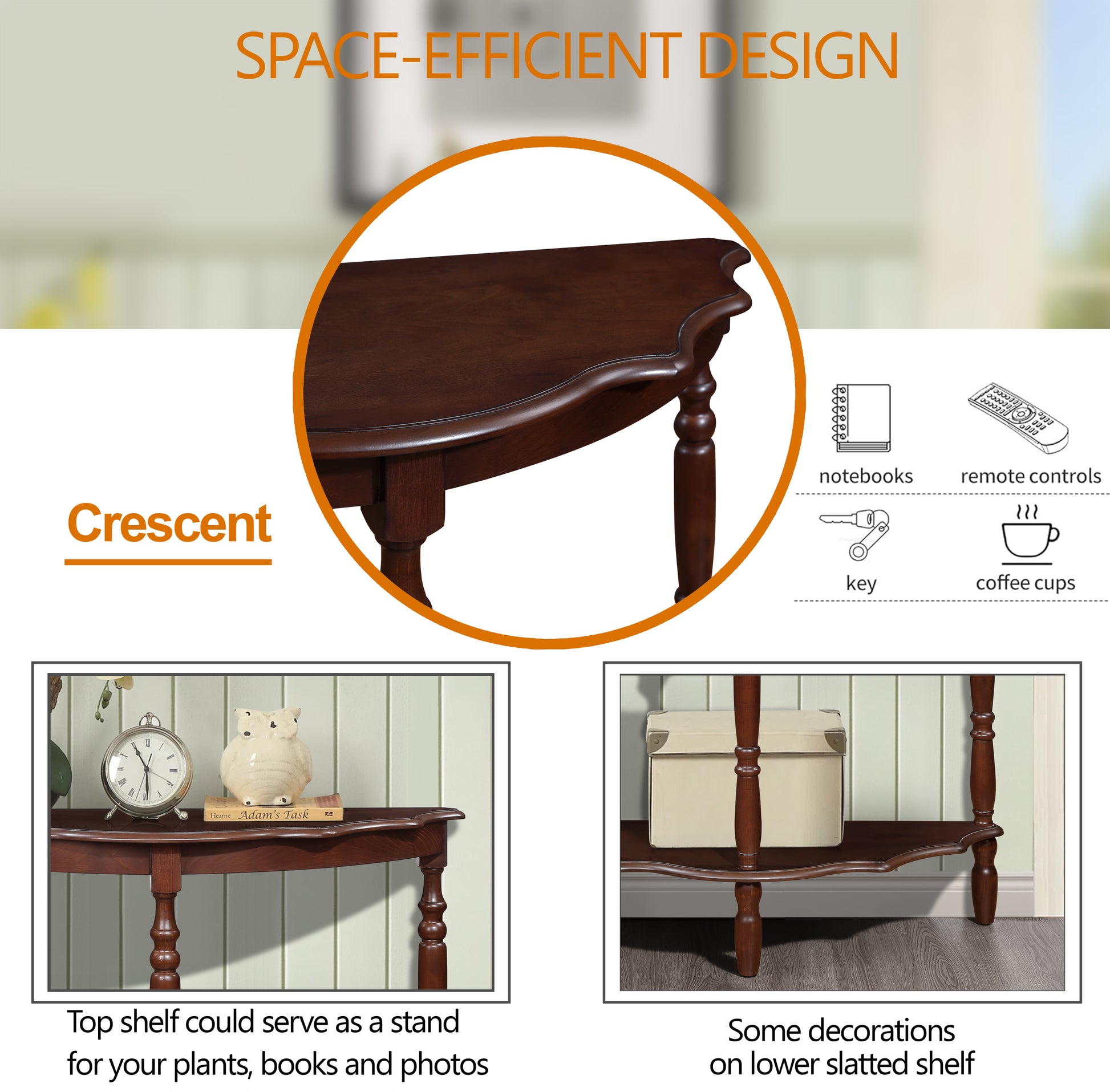 42'' Retro Circular Curved Half Moon Console Table With Cloud Design Top And Open Shelf Solid Wood Frame And Legs, Light Espresso Light Espresso Retro Pine