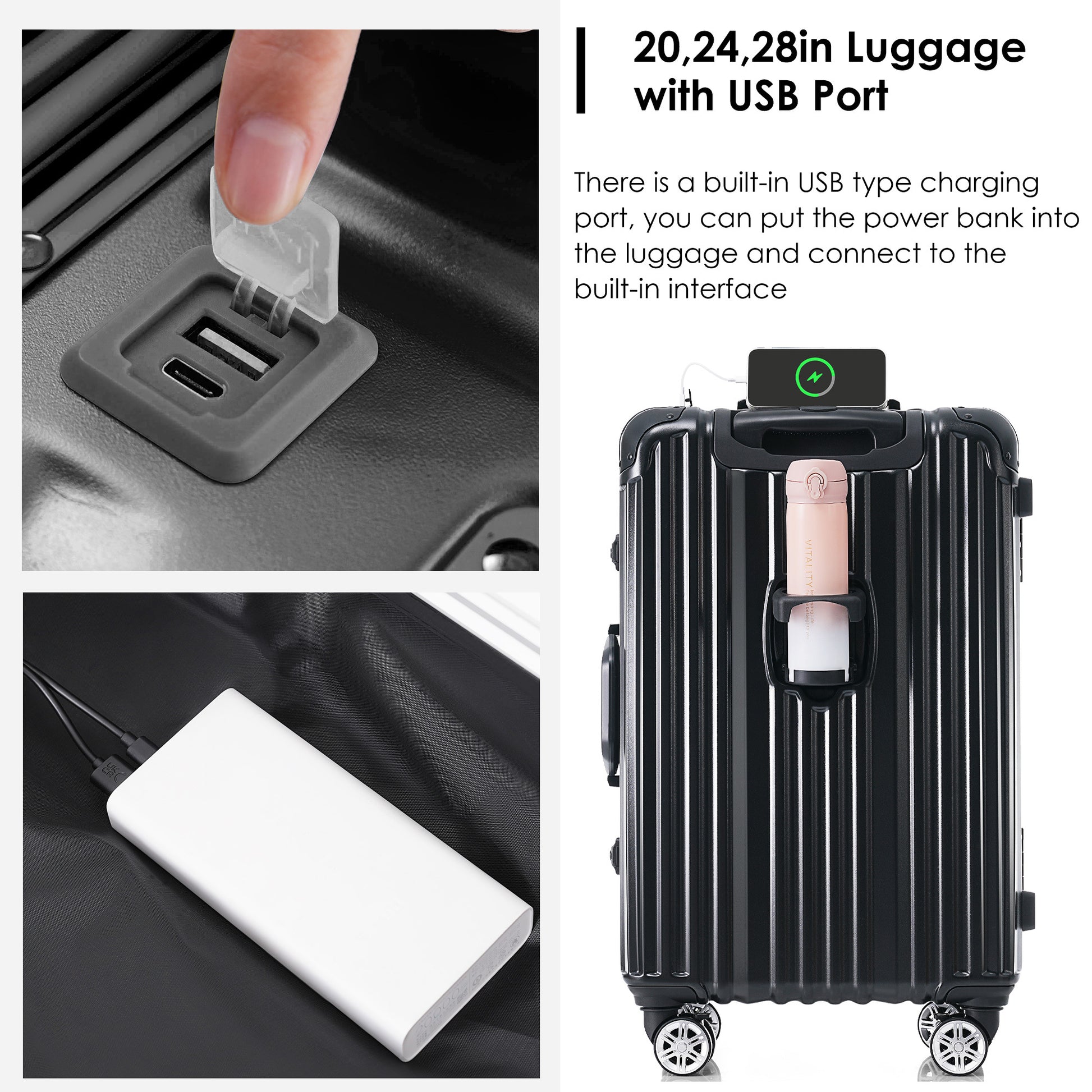 1Pc 20In Aluminum Frame Luggage With Usb Port, Vacation Carry On Suitcase With Spinner Wheels And Tsa Lock, Travel Trolley Case For Short Business Trips, Beach Holidays, Black Black Abs Pc