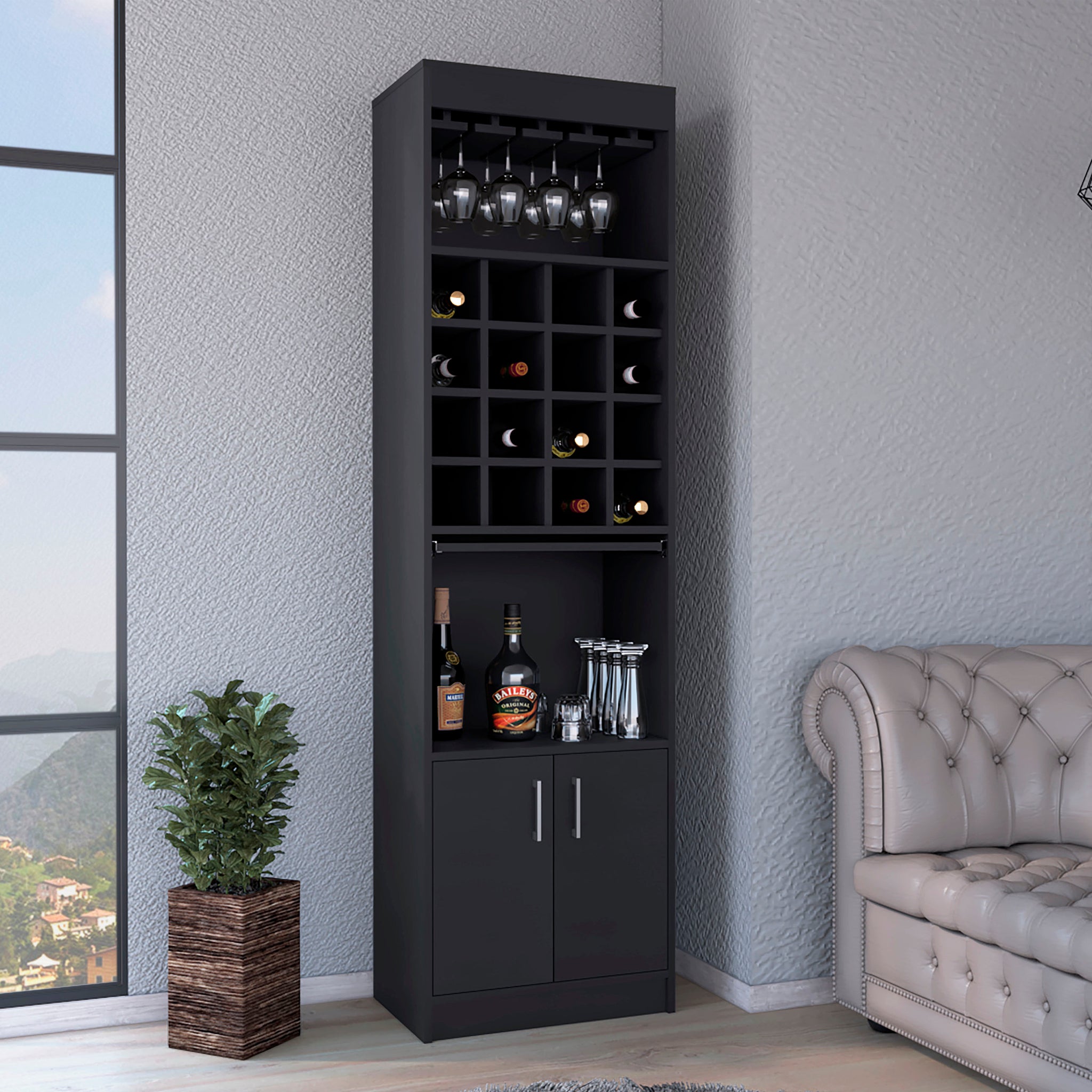 Being Kava Bar Cabinet, Double Door, Two Shelves, Sixteen Built In Wine Rack Black Primary Living Space Modern Open Storage Particle Board