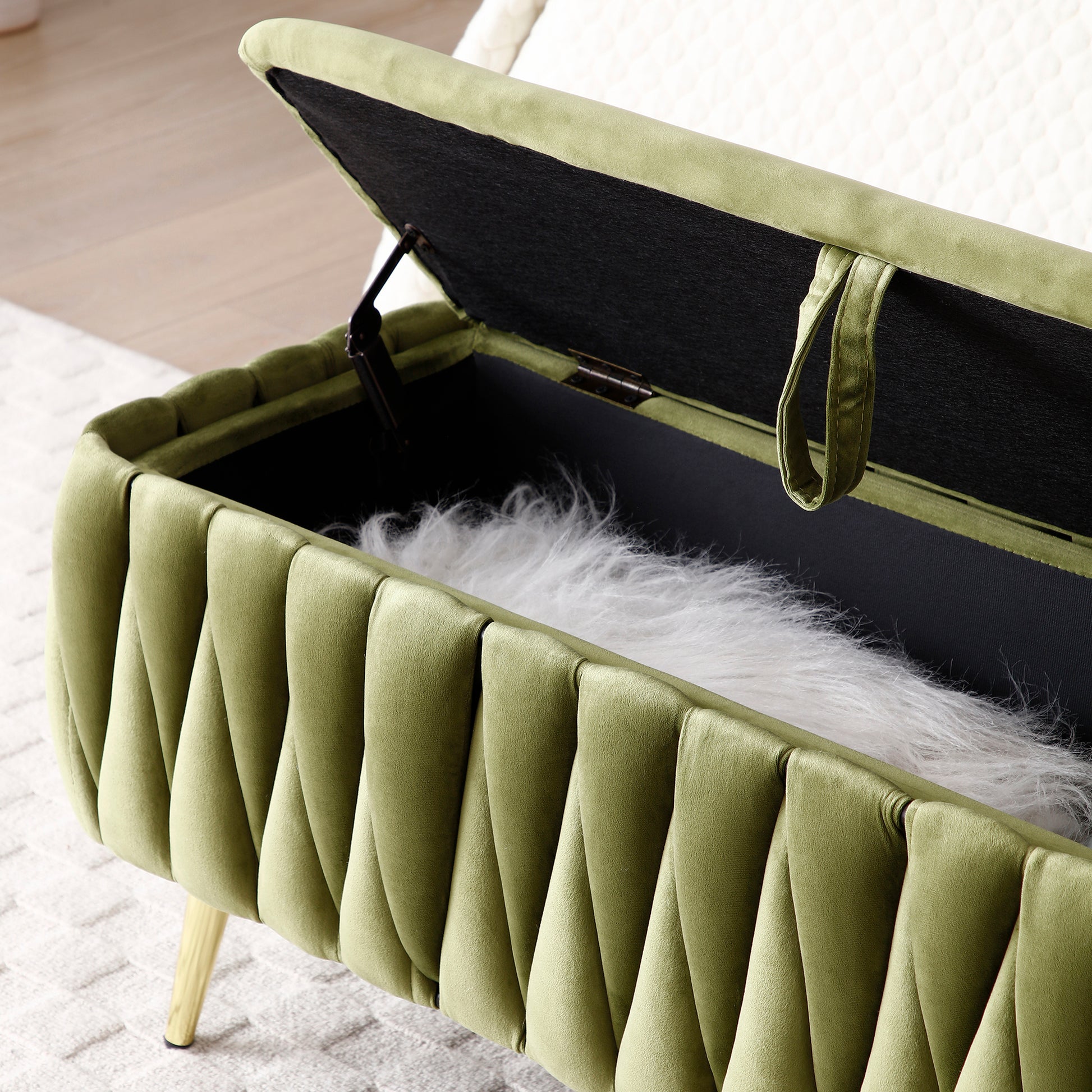 Oval Storage Bench With Gold Legs,Velvet Fabric Upholstered Ottoman Storage Benches For Bedroom End Of Bed,Sherpa Fabric Bench For Living Room,Dining Room,Entryway,Bed Side,Olive Green,5 Colors Olive Green Velvet