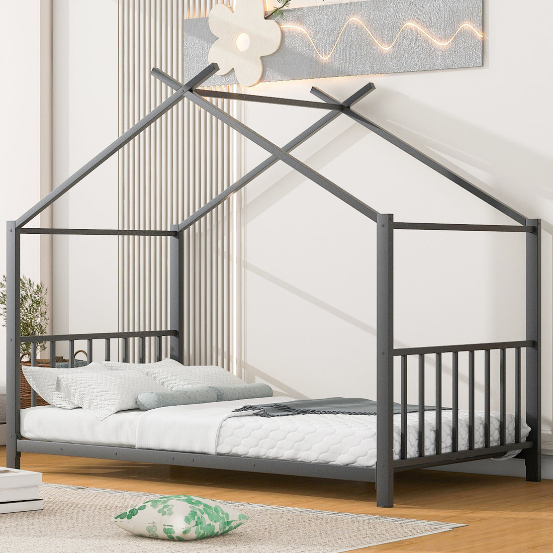 Twin Size Metal House Platform Bed, Black Box Spring Not Required Twin Black Metal Bedroom Bed Frame Metal