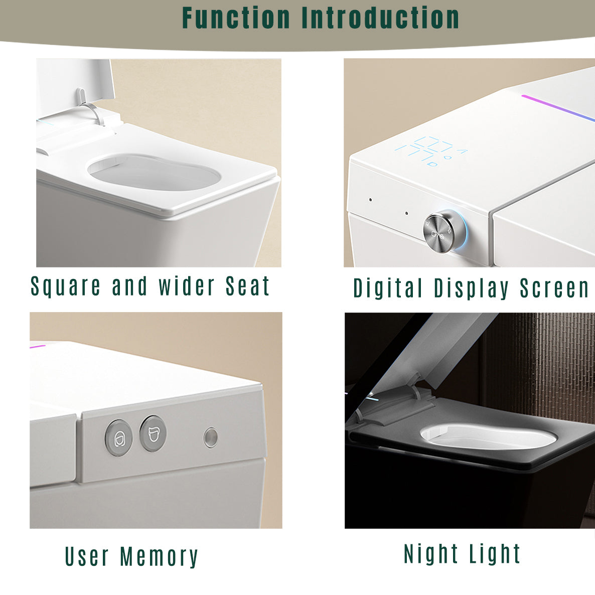 Square Smart Toilet With Built In Tank For Modern Bathroom, Remote Control, Tankless Bidet Toilet With Foot Touching Lid Opening, Auto Flush, Heated Seat, Led Digital Display, User Memory, White White Bathroom Porcelain