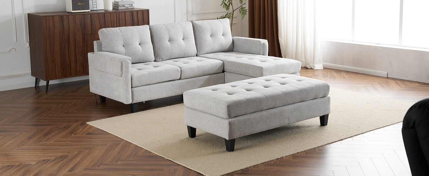 83.4" L Shaped Sofa Sectional Couch Sofa Bed With Two Usb Ports, A Movable Ottoman And A Reversible Chaise Lounge For Living Room, Grey Grey Foam Chenille 5 Seat