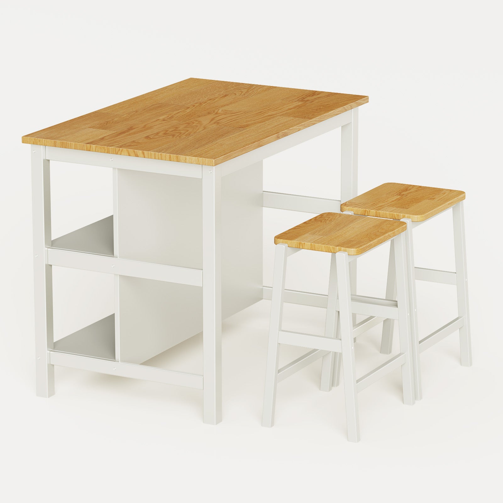 3 Pcs Dining Table Set Rustic Retro Breakfast Table Dining Stools Rubber Wood For 2 With Two Open Shelves For Small Space Kitchen Dining Room Cream White White Rubber Wood