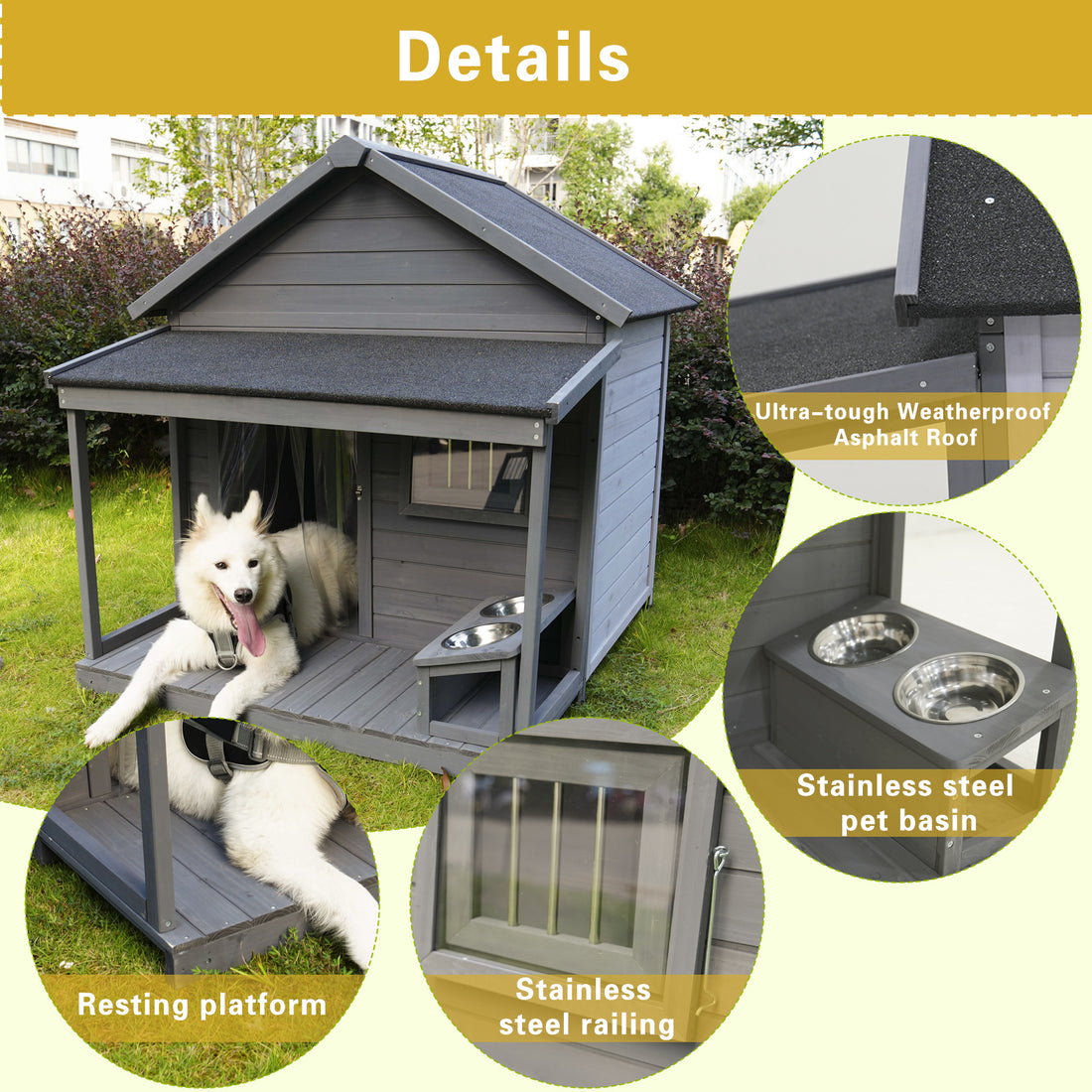 Large Balcony Doghouse, 44.2" Long X 44.6" Wide X 44.6" High Solid Wood Asphalt Roof Dog House For Large Dogs With Large Terrace, Weatherproof Large Dog House,Complimentary A Good Cleaning Mat Gray Solid Wood