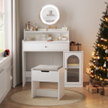 White Vanity Desk With 360 Rotated Mirror And Adjustable Lights, Girls Makeup Vanity Table With Storage Chair And Side Cabinet With Waveform Glass Doors, Dressing Table With Drawer For Bedroom