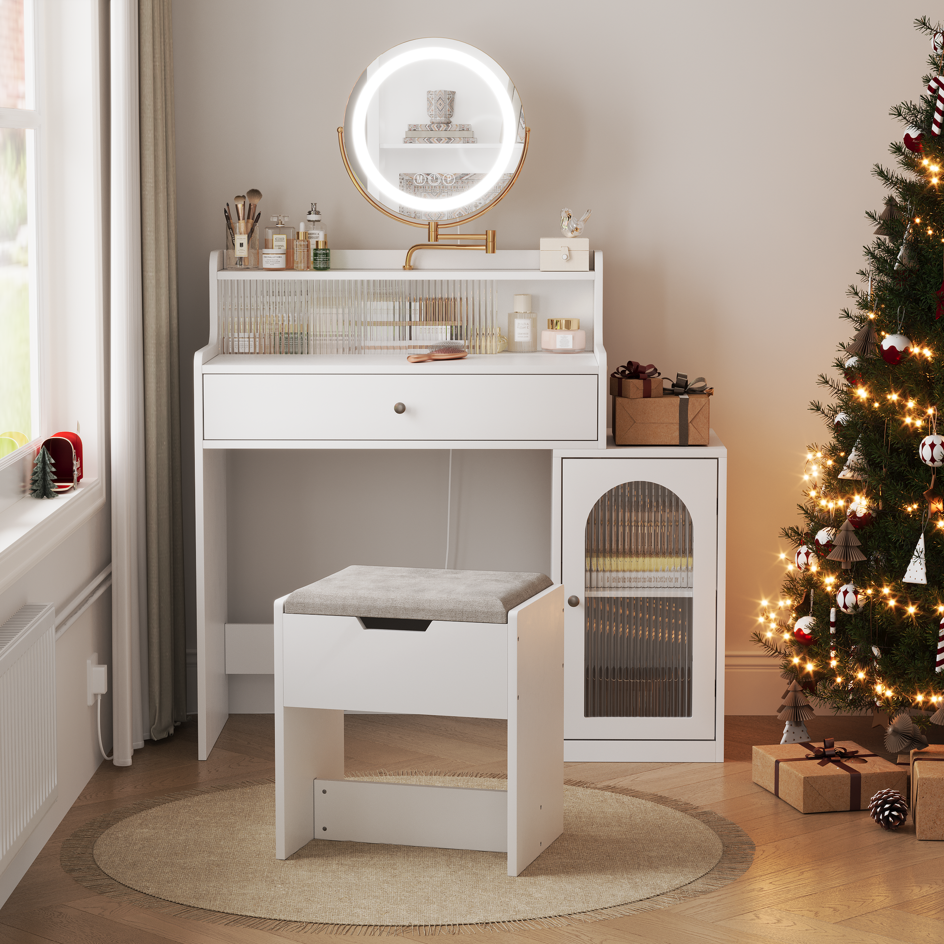 White Vanity Desk With 360 Rotated Mirror And Adjustable Lights, Girls Makeup Vanity Table With Storage Chair And Side Cabinet With Waveform Glass Doors, Dressing Table With Drawer For Bedroom