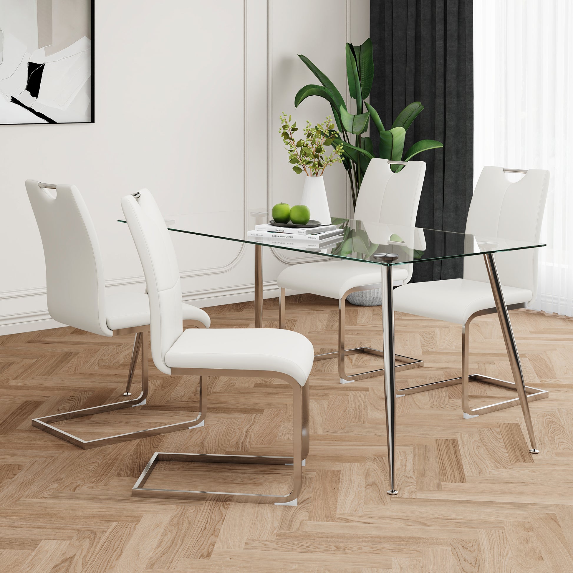 Modern Simple Rectangular Glass Dining Table, Solid Tempered Glass Tabletop, Electroplated Table Legs, White Pu Dining Chair Set, Suitable For Restaurant Kitchen Use Set Of 5 Upholstered Chair Glass White Pu Seats 4 Metal Rectangular Dining Table With