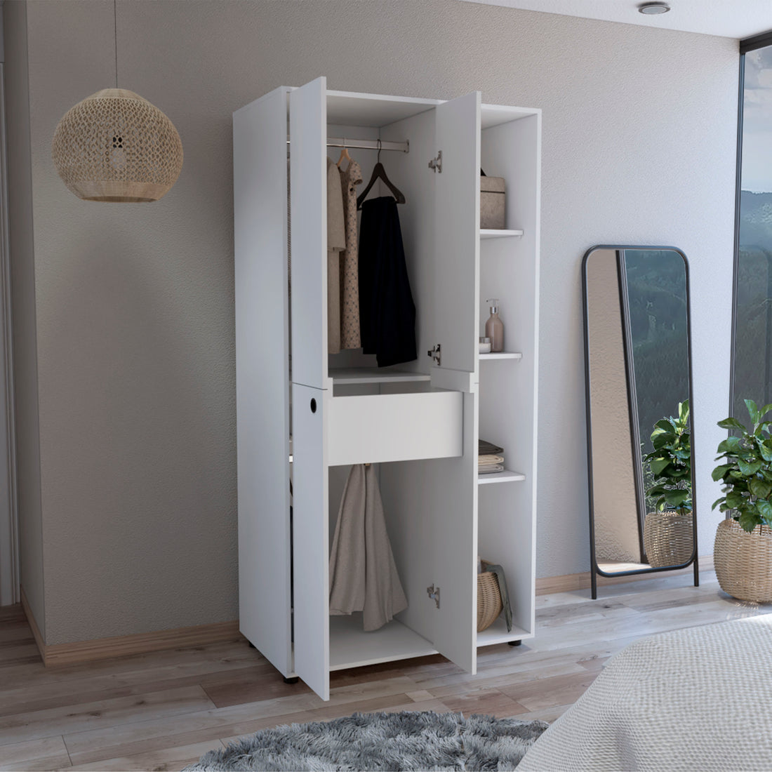 Misuri Wardrobe Armoire With Double Door, Drawer, Hanging Rod, And Open Shelves White White Bedroom Particle Board