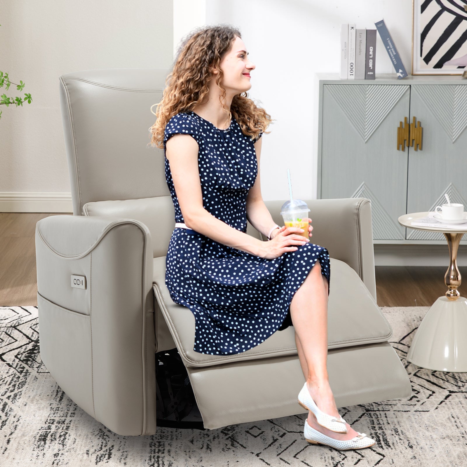 Beige Grey Leatheraire Swivel And Rocker Power Recliner Chair, Heavy Duty Motion Mechanism With Usb And Type C Ports Beige Grey Faux Leather Power Push Button Metal Primary Living Space Medium Firm Tight Back Heavy Duty American Design Pine Square Arms