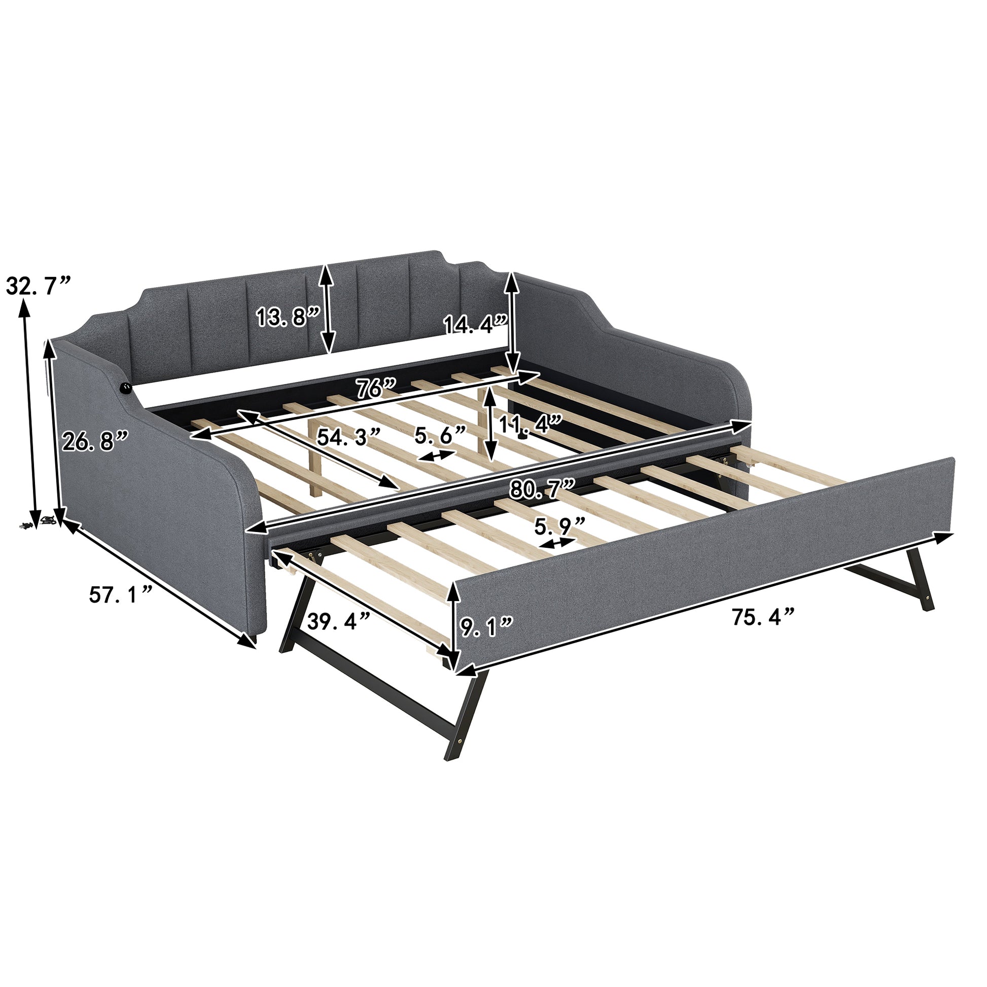 Full Size Upholstery Daybed With Trundle And Usb Charging Design,Trundle Can Be Flat Or Erected,Gray Full Gray Pine