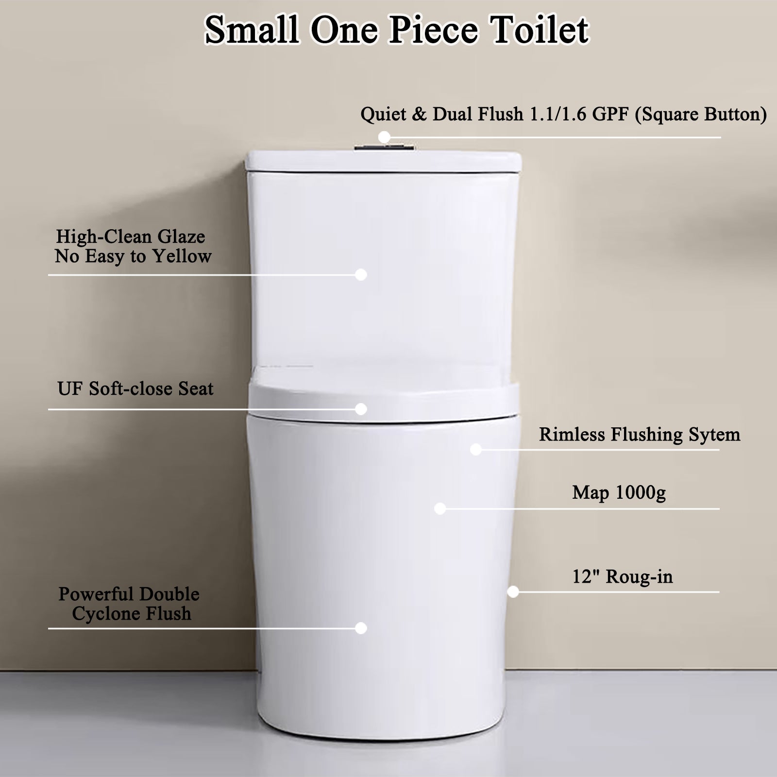 Small Compact One Piece Toilet Dual Flush,23 Inch Length For Tiny Bathroom,White With Black Button White Bathroom Modern Porcelain