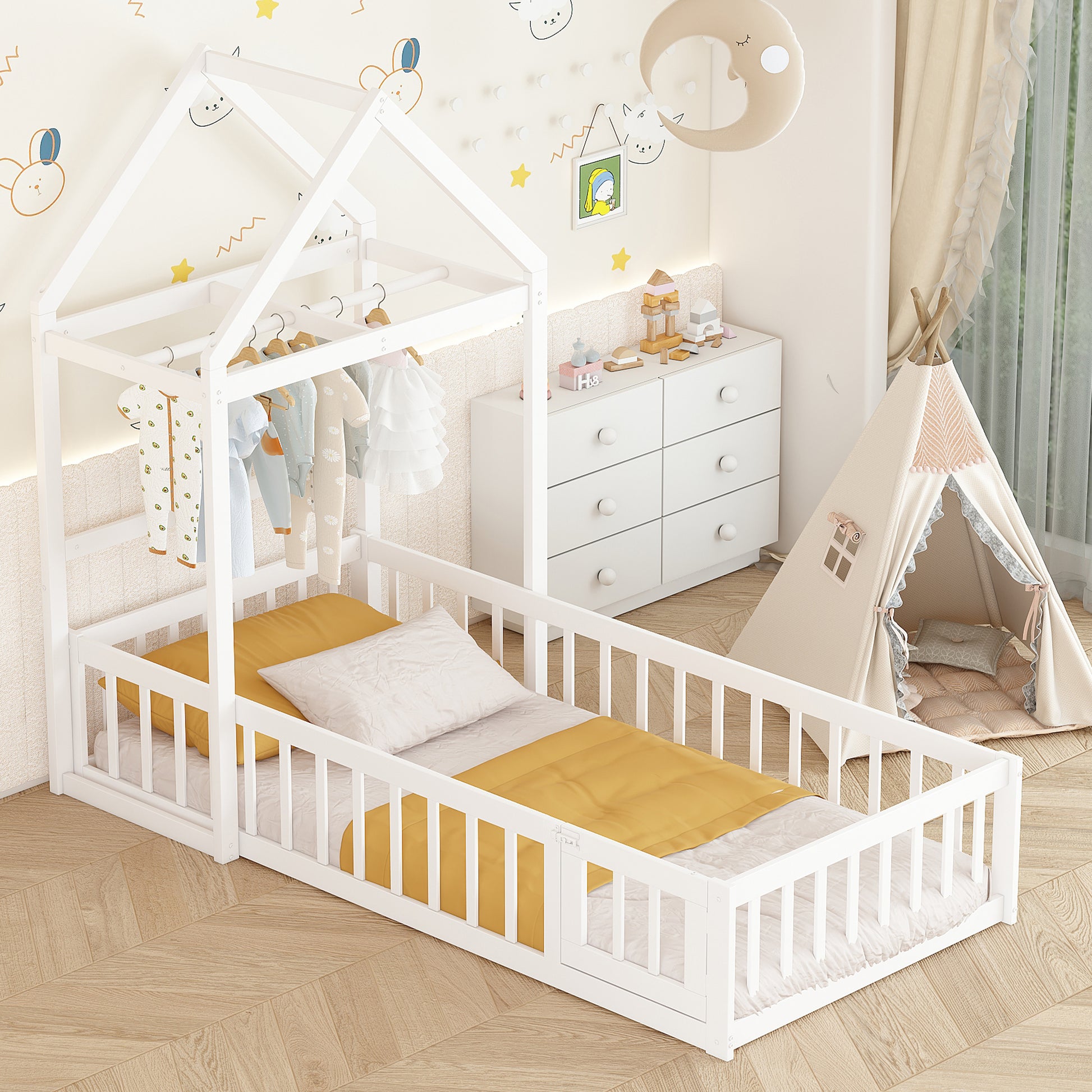 Wooden Floor Bed With Fence Railings And Detachable House Shape Headboard, Twin Size Bed With Kids Dress Up Rack, Kids Montessori Style Playhouse Frame For Girls Boys, White Twin White Wood