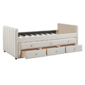 Twin Size Upholstered Daybed With Twin Size Trundle And Drawers, Velvet, Beige Box Spring Not Required Twin Beige Velvet