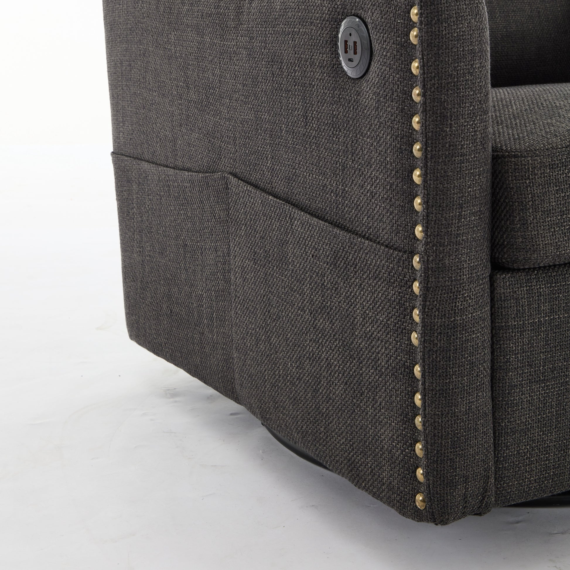 Dark Grey 360 Degree Swivel Rotating Accent Chair With Usb And Magazine Book For Living Room And Hotel Bed Room,Upholstered Accent Chair With Cooper Nail Dark Grey White Primary Living Space American Design,Classic,Modern Pine Foam Wood Fabric