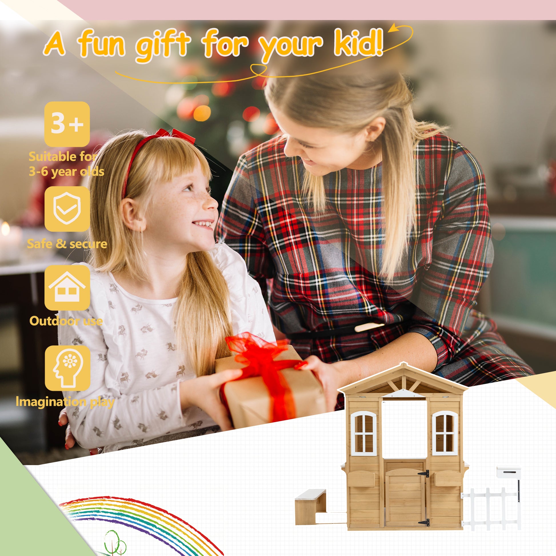 Wooden Playhouse For Kids Outdoor With Working Door, Windows, Mailbox, Bench, Flowers Pot Holder, 39" X 38" X 55.5" Natural Solid Wood