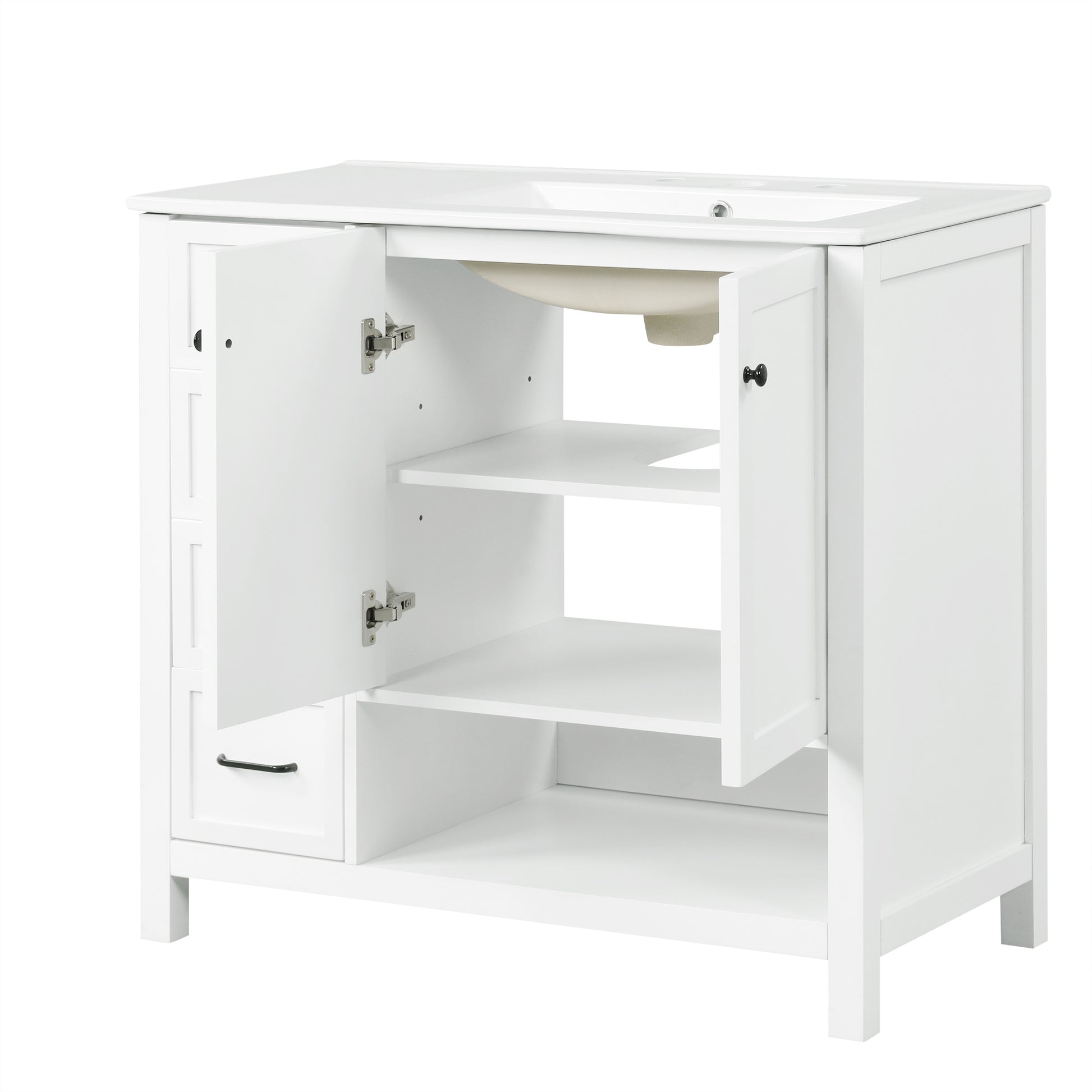 36" Bathroom Vanity With Sink Top, Bathroom Vanity Cabinet With Two Doors And Two Drawers, Solid Wood, Open Shelf, Mdf Boards, One Package, White White Solid Wood Mdf