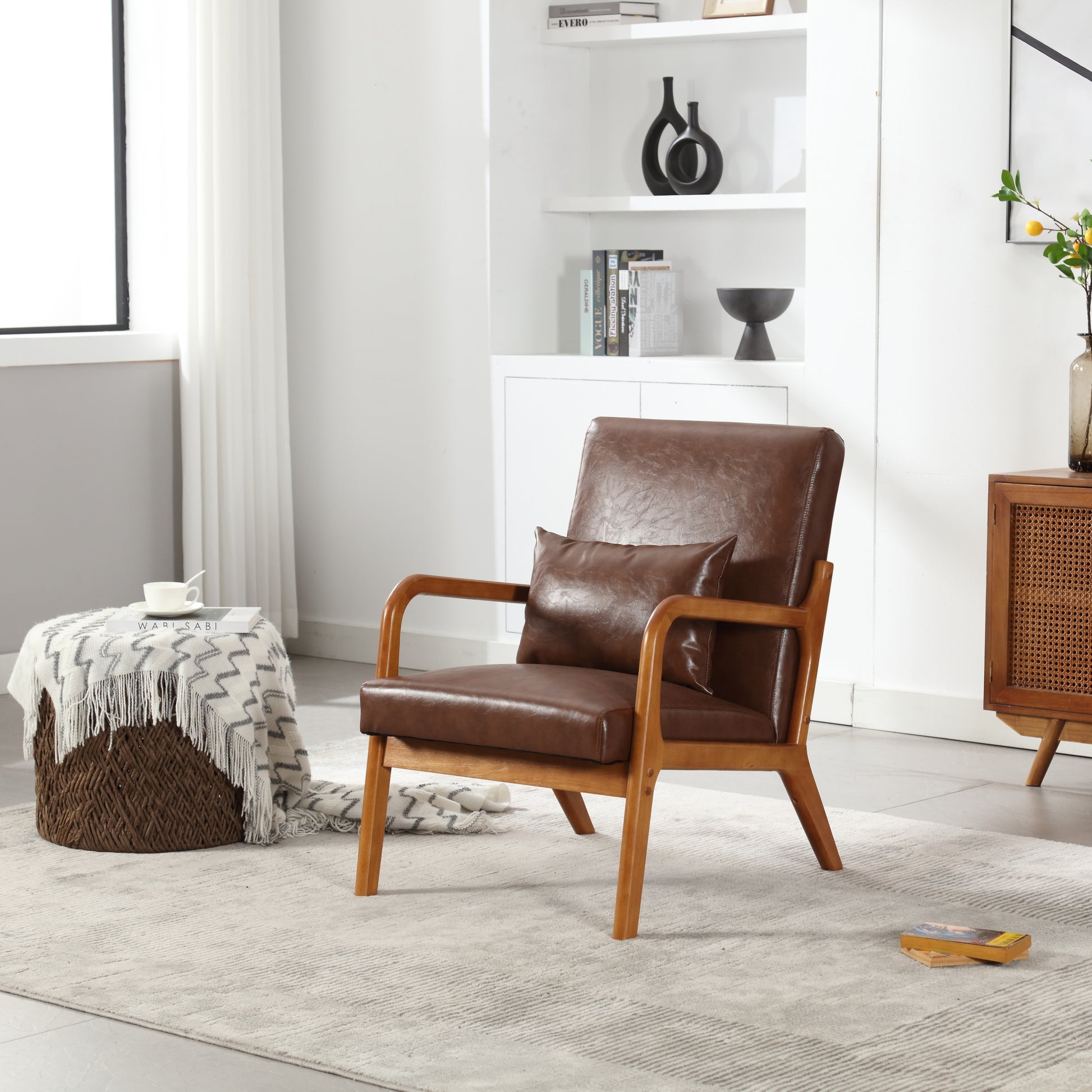 Coolmore Modern Accent Chair, Solid Wood Padding Lounge Armchairs With One Pillow For Living Room, Bedroom, Guest Room Brown Pu Brown Pu Brown Primary Living Space Modern Rubberwood Foam Pu Leather