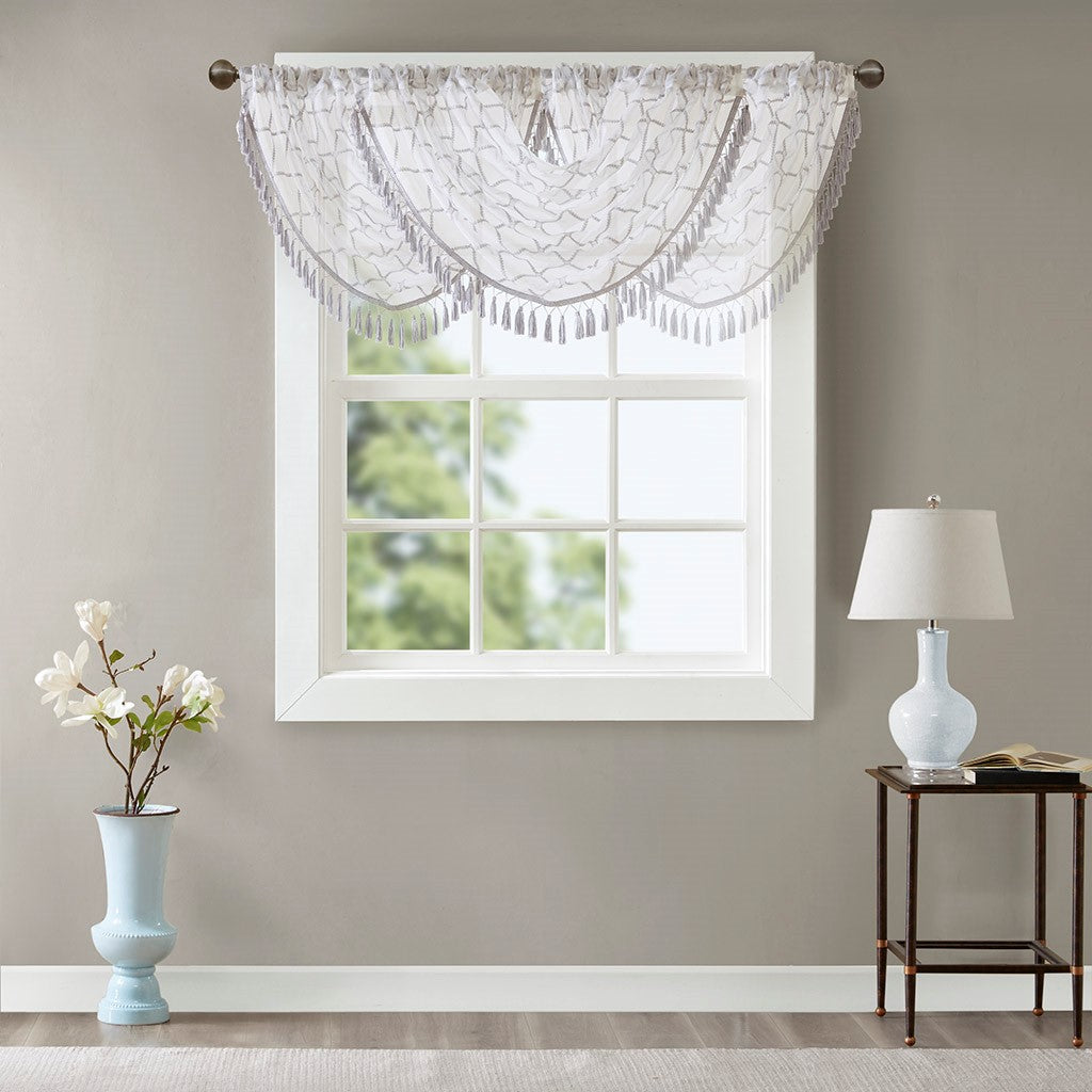 Diamond Sheer Embroidered Waterfall Valance White Grey 38X46" Grey White Polyester