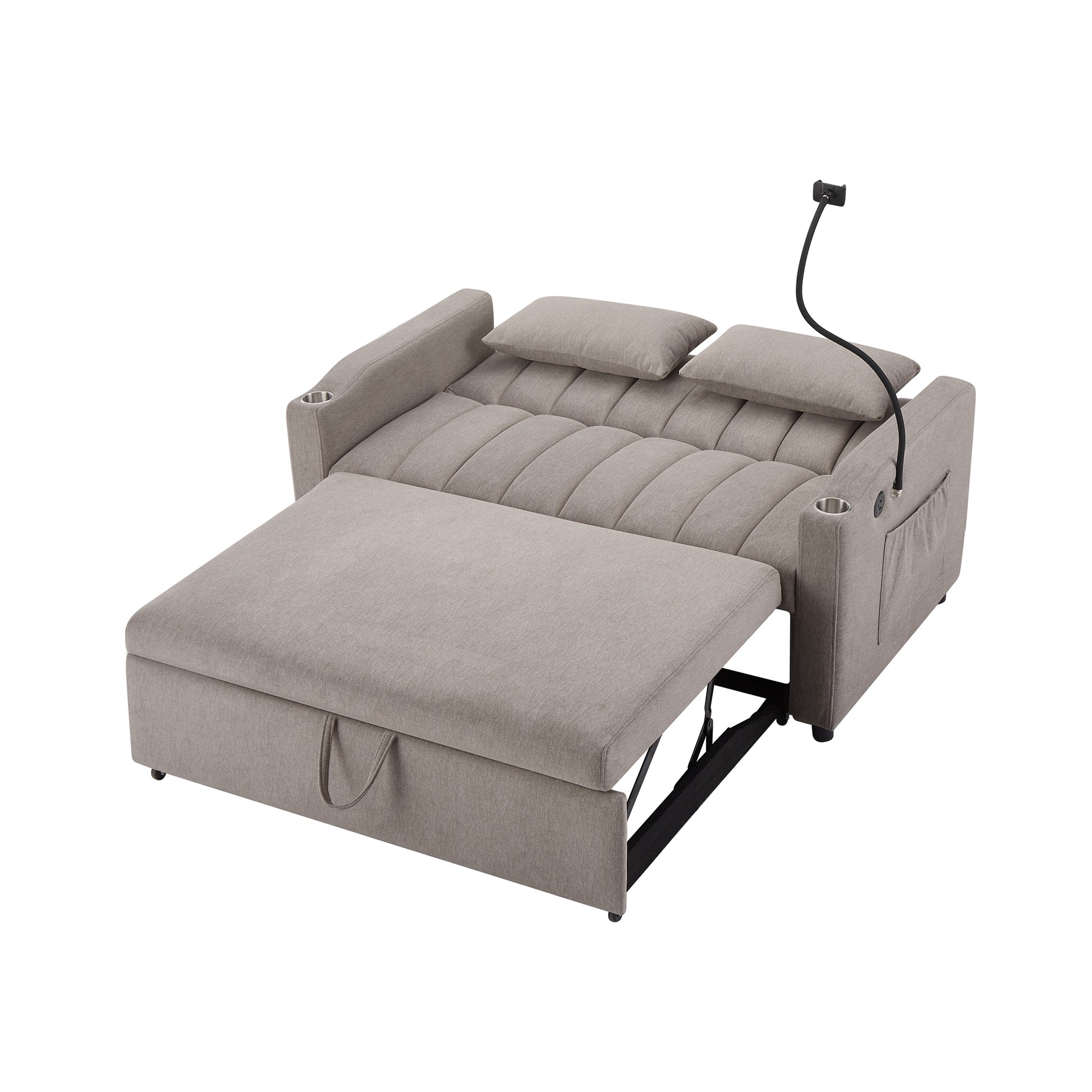55.9" Convertible Sofa Bed Loveseat Sofa With Three Usb Ports, Two Side Pockets, Two Cup Holders And 360 Swivel Phone Holder For Living Room, Light Grey Light Grey Foam Polyester 2 Seat