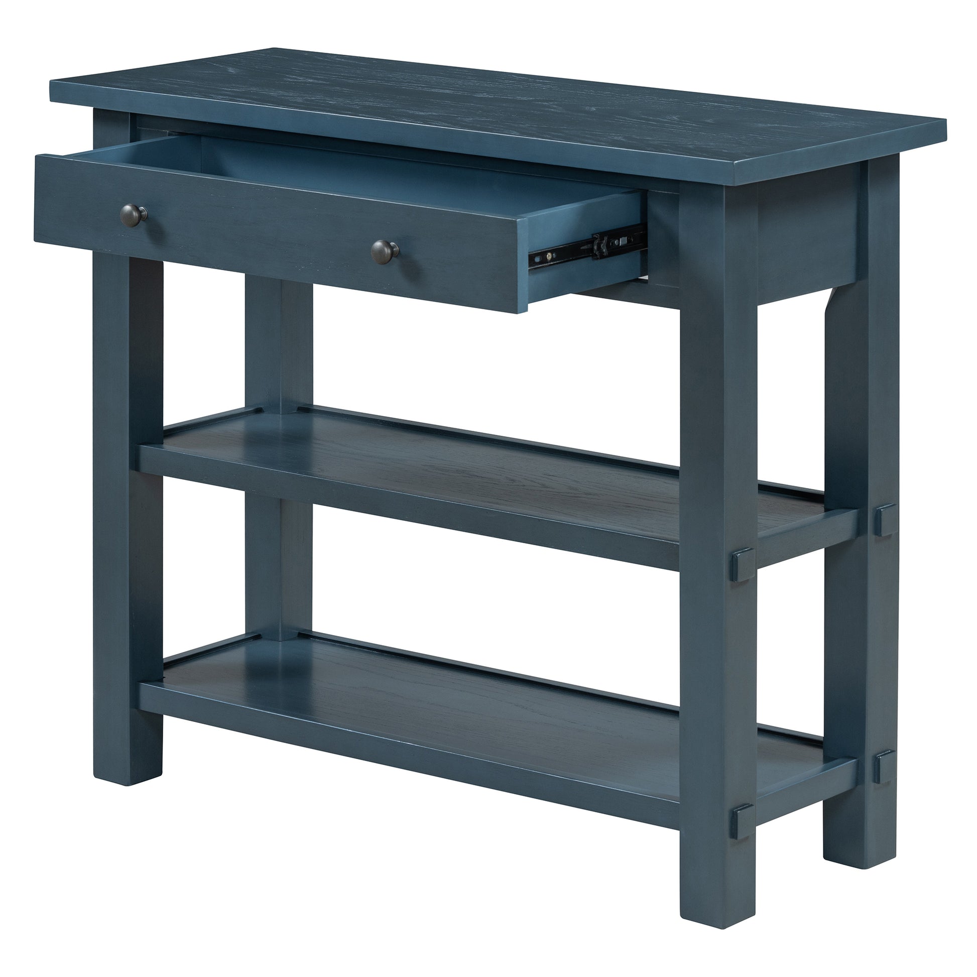 Retro Console Table With Drawer And Two Sturdy Shelves For Entryway, Living Room Navy Navy Mdf,Rubber Wood