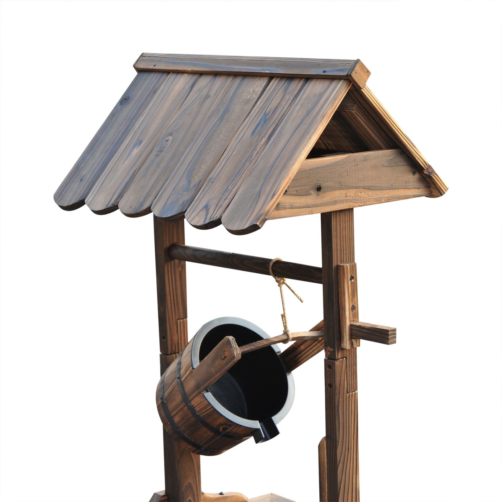 Outsunny Outdoor Wooden Wishing Well Fountain With Adjustable Water Flow Rate, Outdoor Rustic Waterfall Fountain With Electric Pump, Water Bucket, For Backyard Patio Garden Lawn, Carbonized Finish Brown Polypropylene