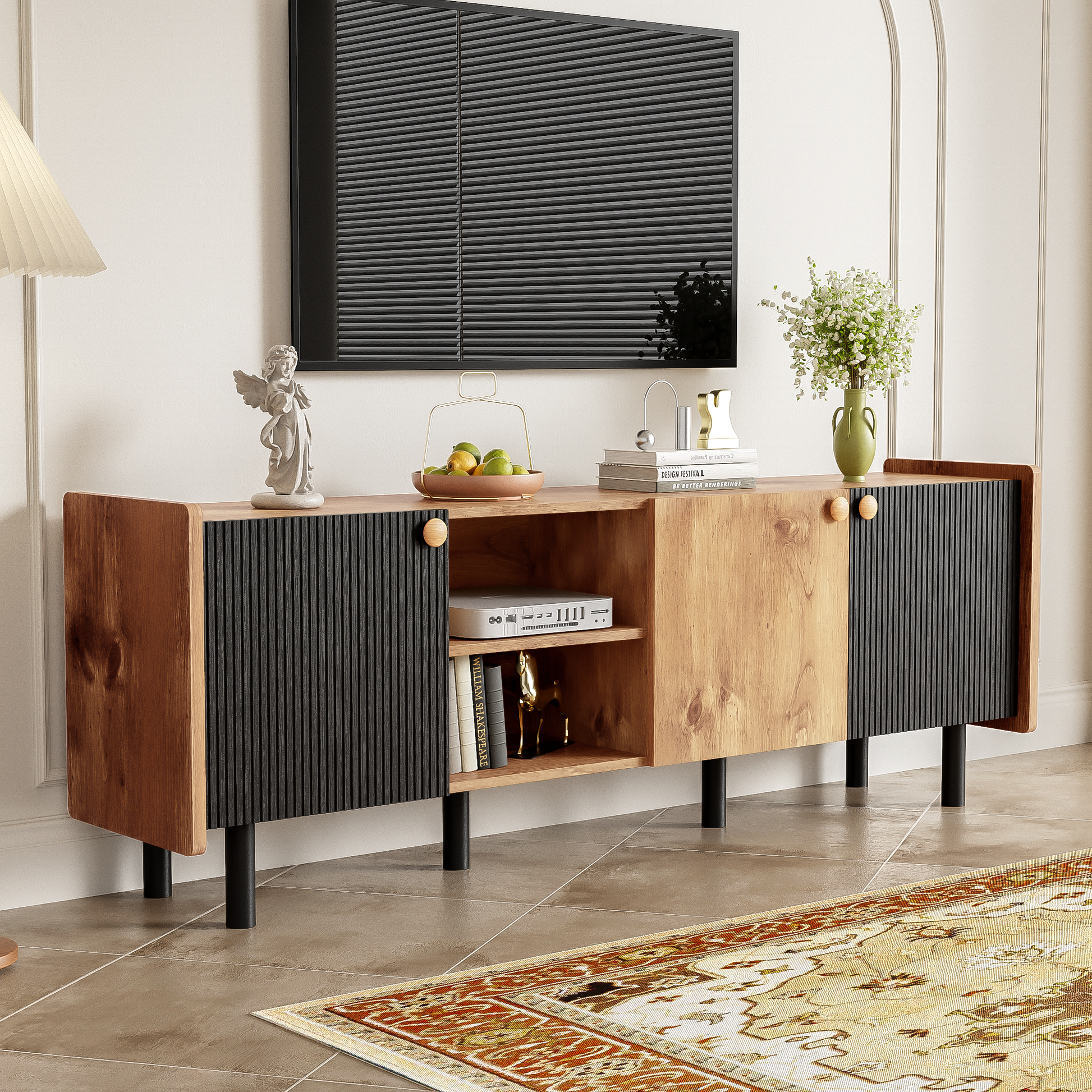 Mid Century Tv Stand With 3 Cabinets, Media Console Table For Tvs Up To 70'', Entertainment Center With Storage For Living Room, Bedroom, Home Theatre Black Brown Primary Living Space 60 69 Inches