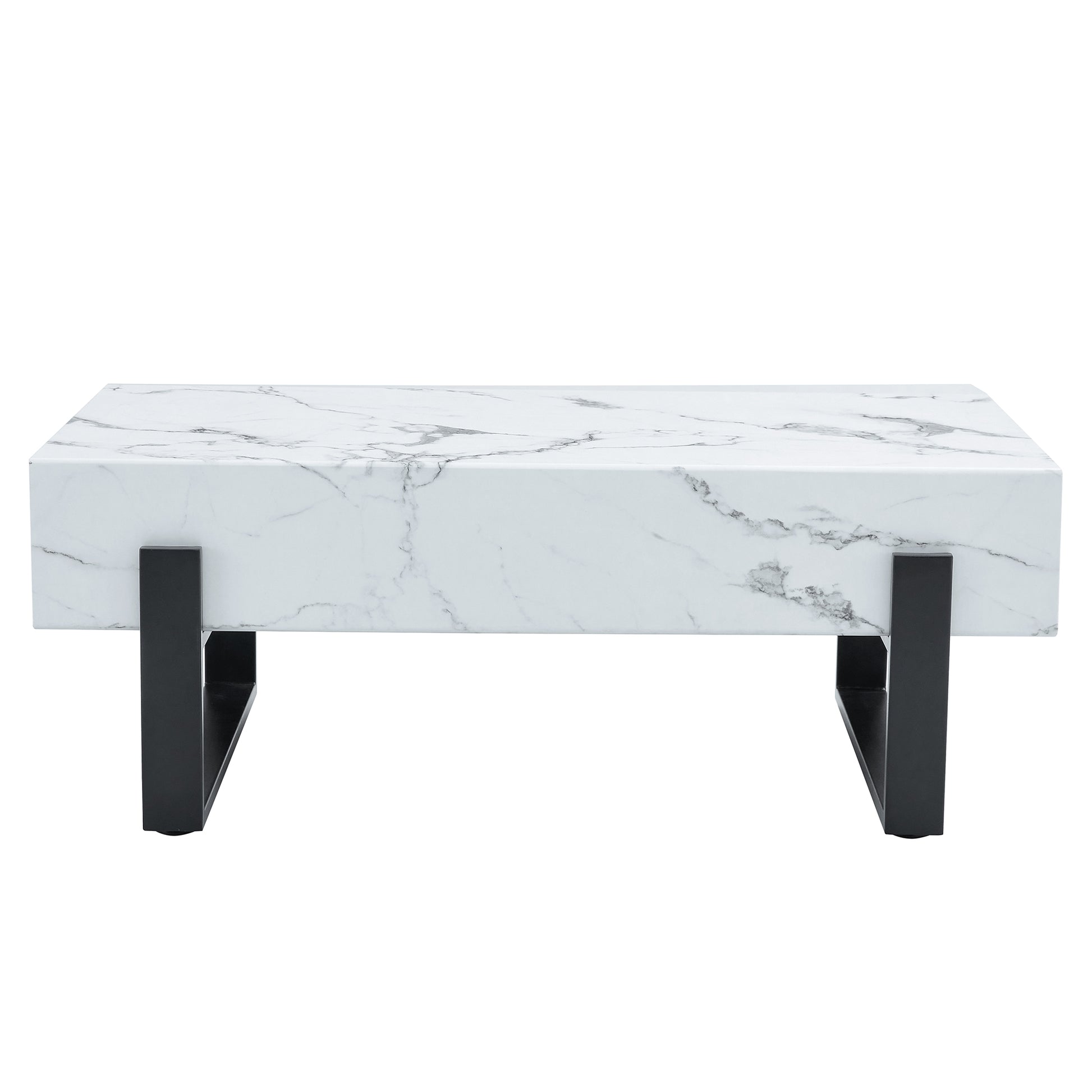 47.2"X23.6" Black And White Minimalist Mdf Marble Patterned Coffee Table.White Marble Pattern Sticker,Black Metal Leg Spray Coating,Mdf Coffee Table.Showcasing A Modern And Simple Style. White Black