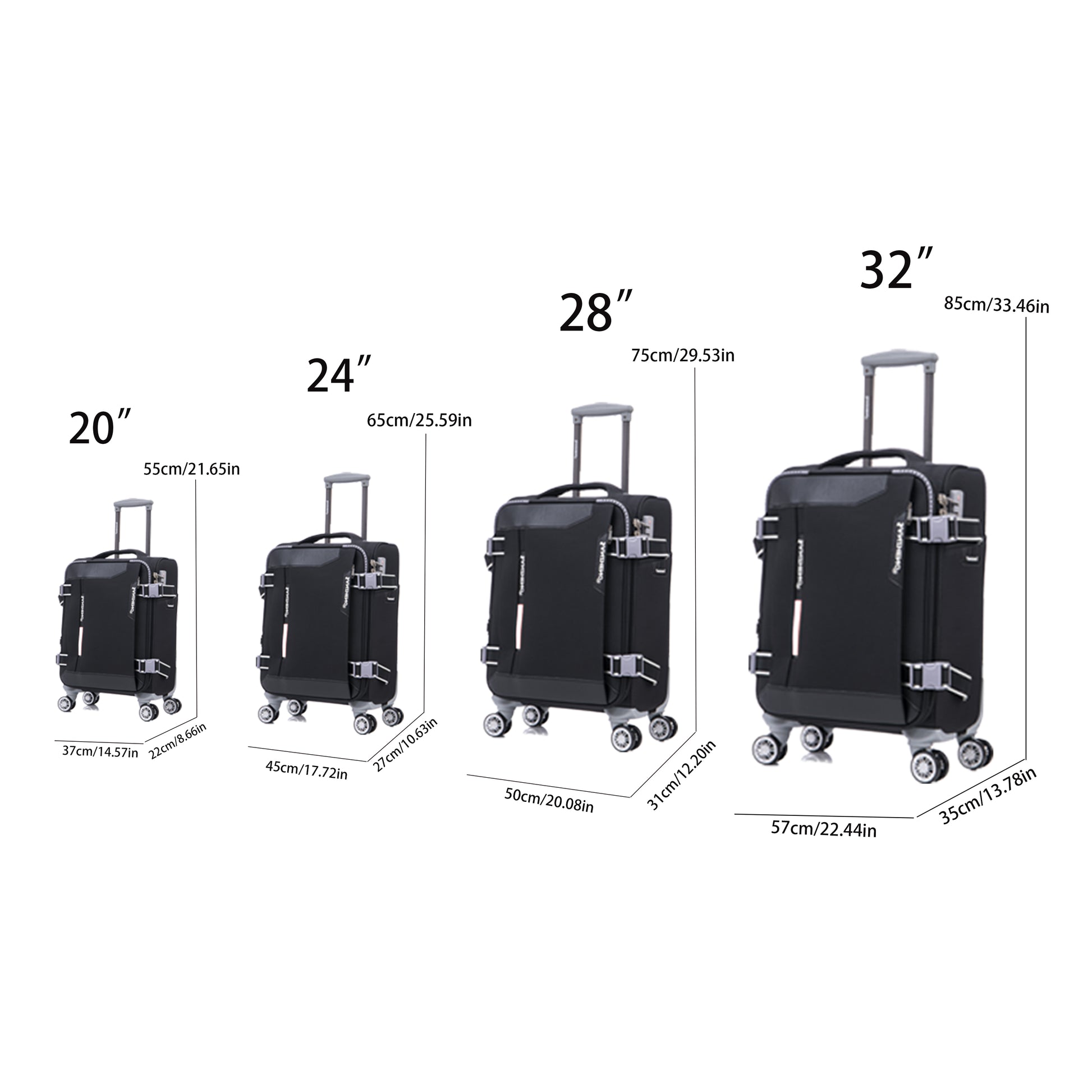 Softside Upright Luggage Set Expandable, Lightweight,4 Piece 20 24 28 32 Black Fabric