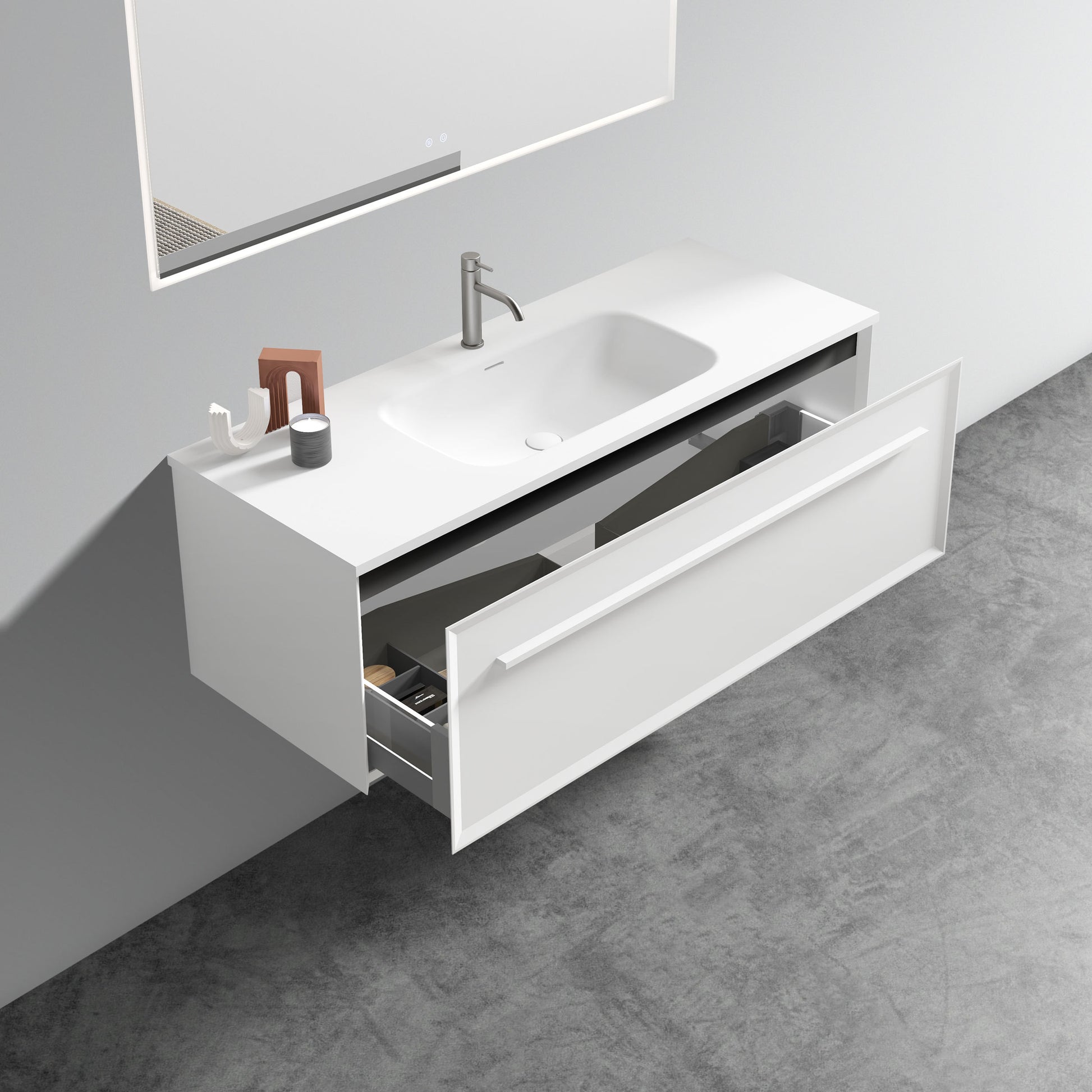 U051 Nevia48W 206 Nevia 48" Matt Snow White Bathroom Vanity With White Solid Surface Sink, Wall Mounted Floating Bathroom Vanity For Modern Bathroom, One Piece White Basin Without Drain, Pre Assembled White Bathroom Modern Plywood