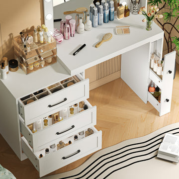 55.2" Vanity Desk With Freely Adjustable Side Cabinet, Makeup Vanity With Hollywood Lights, 5 Storage Drawers & 2 Shelves, Modern Dressing Table, White White Mdf,Tempered Glass