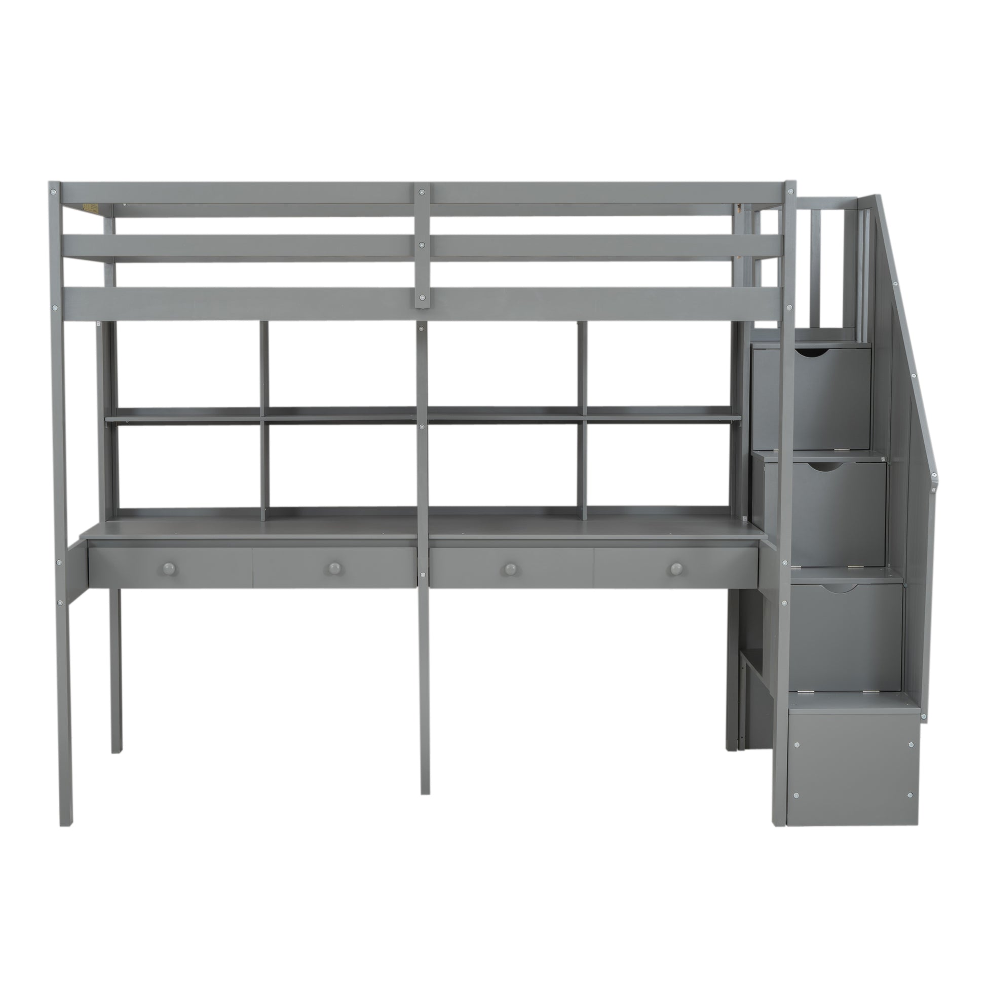 Twin Size Loft Bed Frame With Storage Staircase And Double Desks And Shelves,Gray Twin Gray Solid Wood Mdf