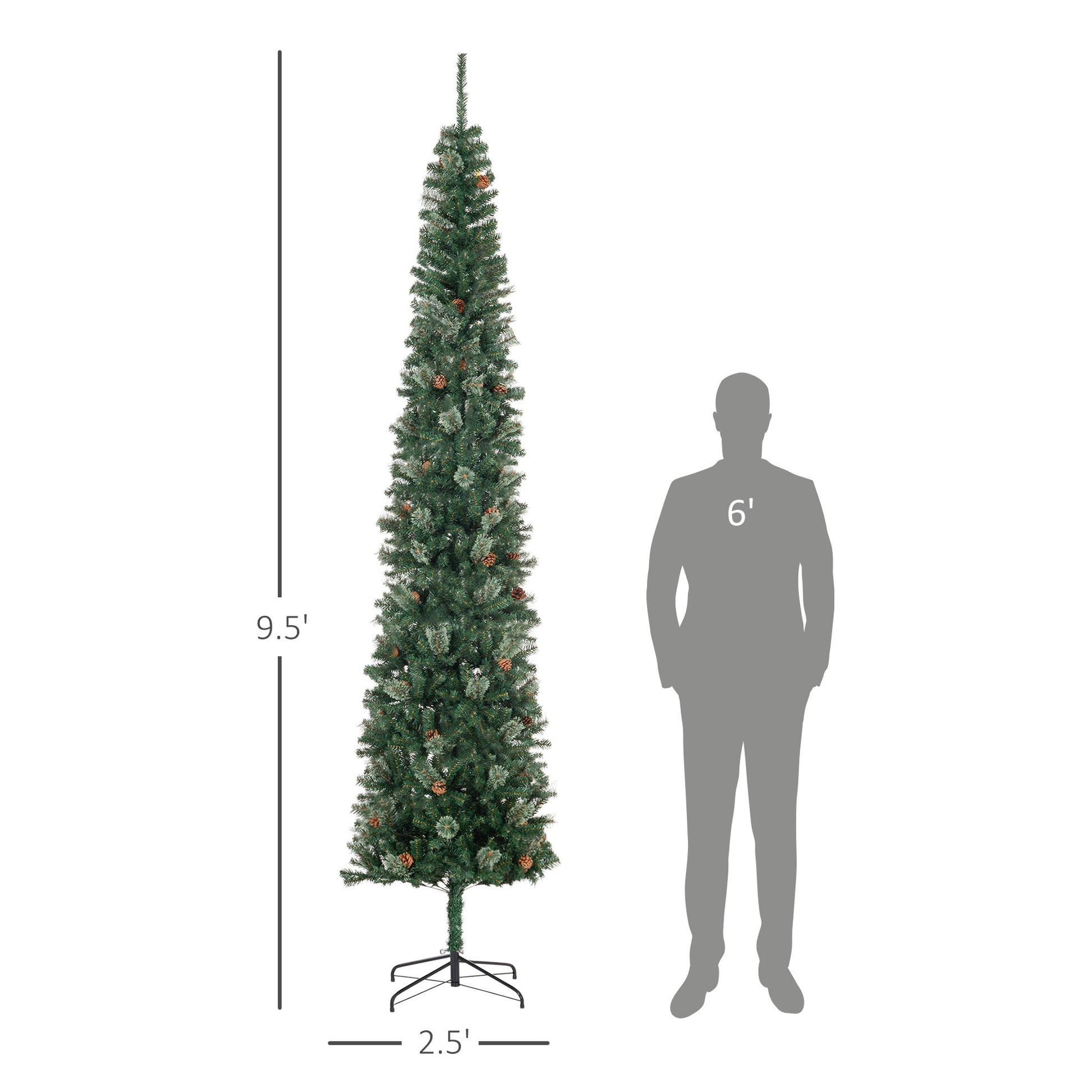 Homcom 9.5 Foot Pencil Artificial Christmas Tree, Slim Pine Needles Xmas Tree With Realistic Branches, Pine Cones, Metal Base, Green Green Plastic